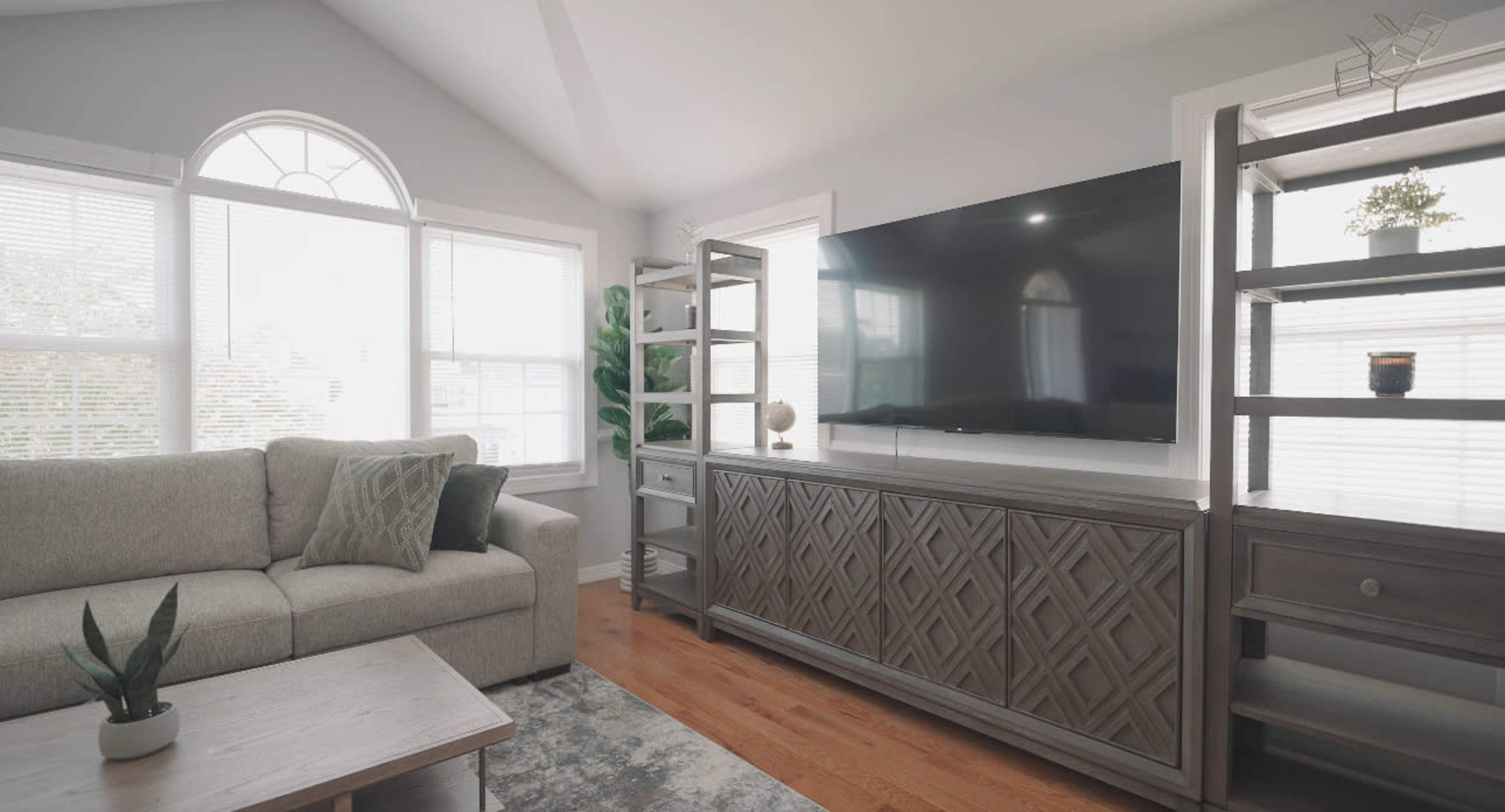 The image shows a modern living room with a large television mounted on the wall, a light gray sofa, a wooden entertainment unit, and shelves displaying plants and decorative items.