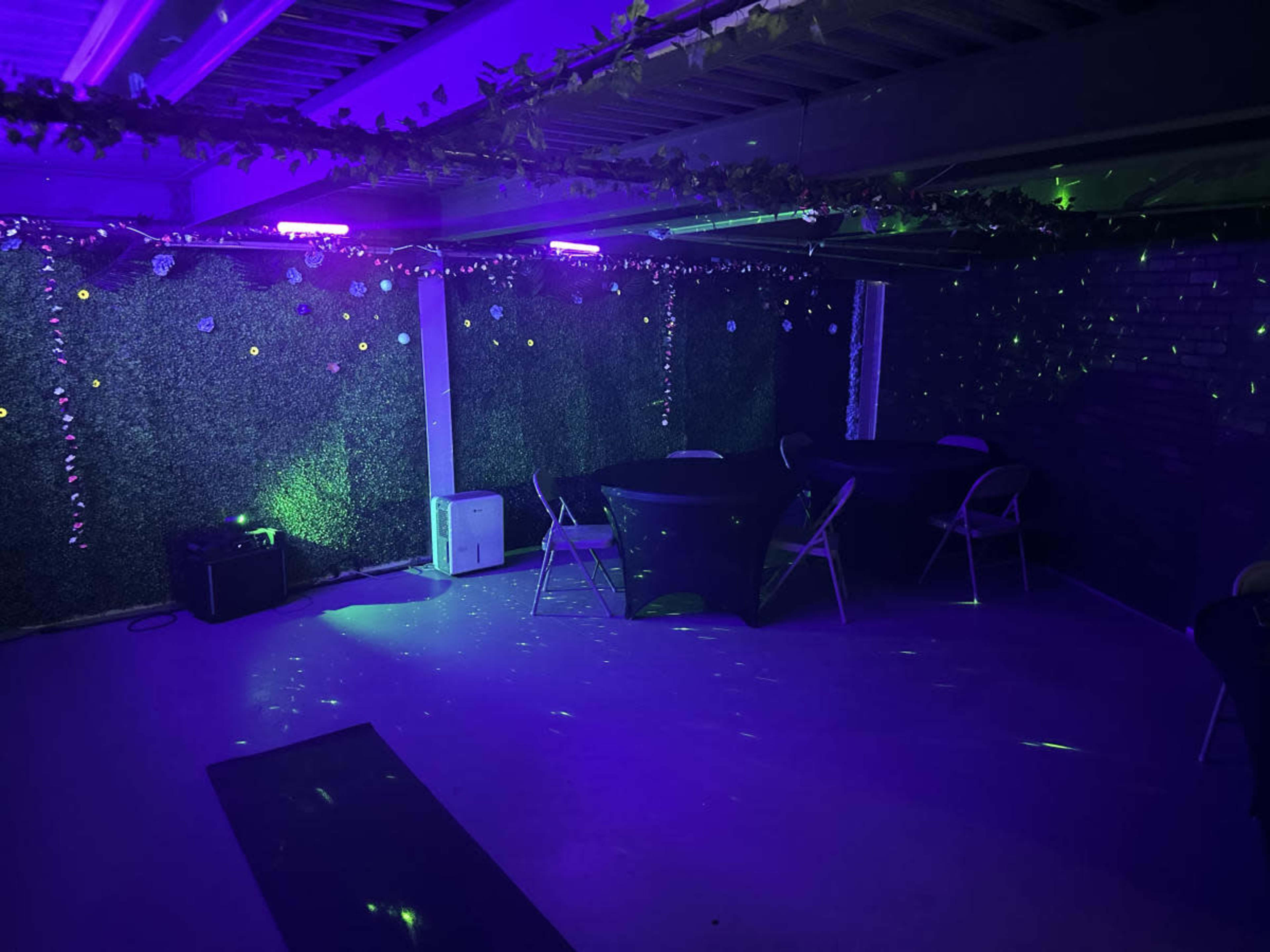 The image shows a dimly lit basement party space decorated with green foliage, twinkling lights, and purple lighting, featuring several round tables with chairs arranged around them.