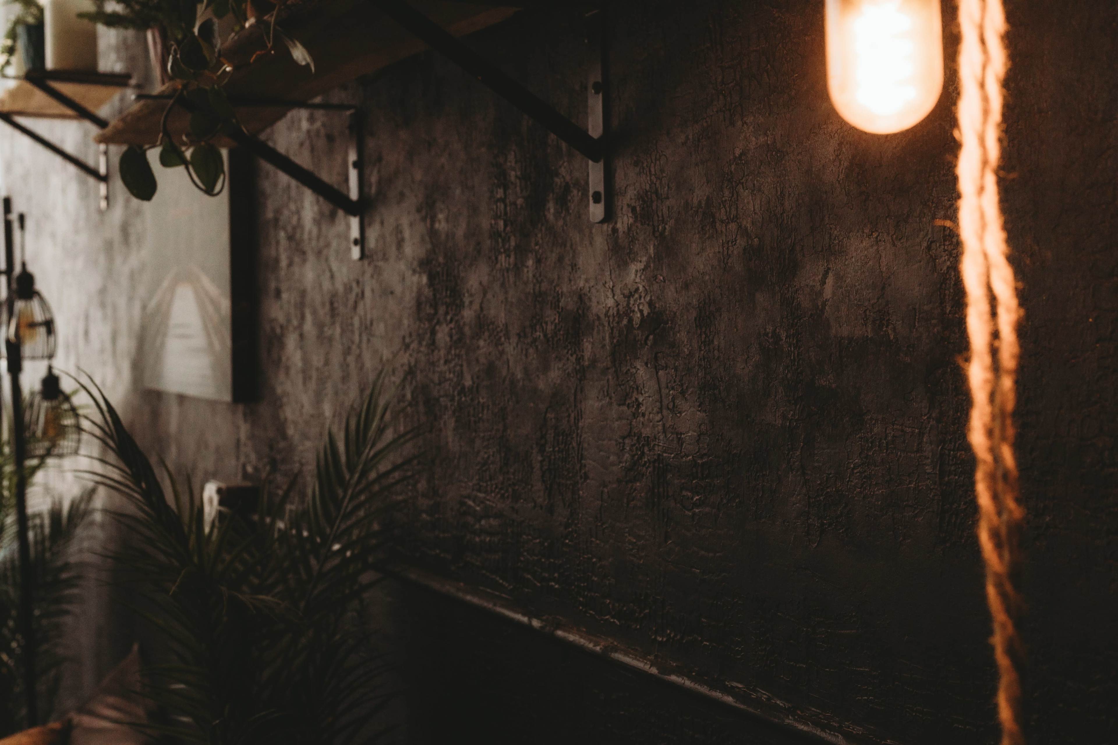 A dimly lit interior with a textured dark wall, shelves, and a hanging lightbulb.