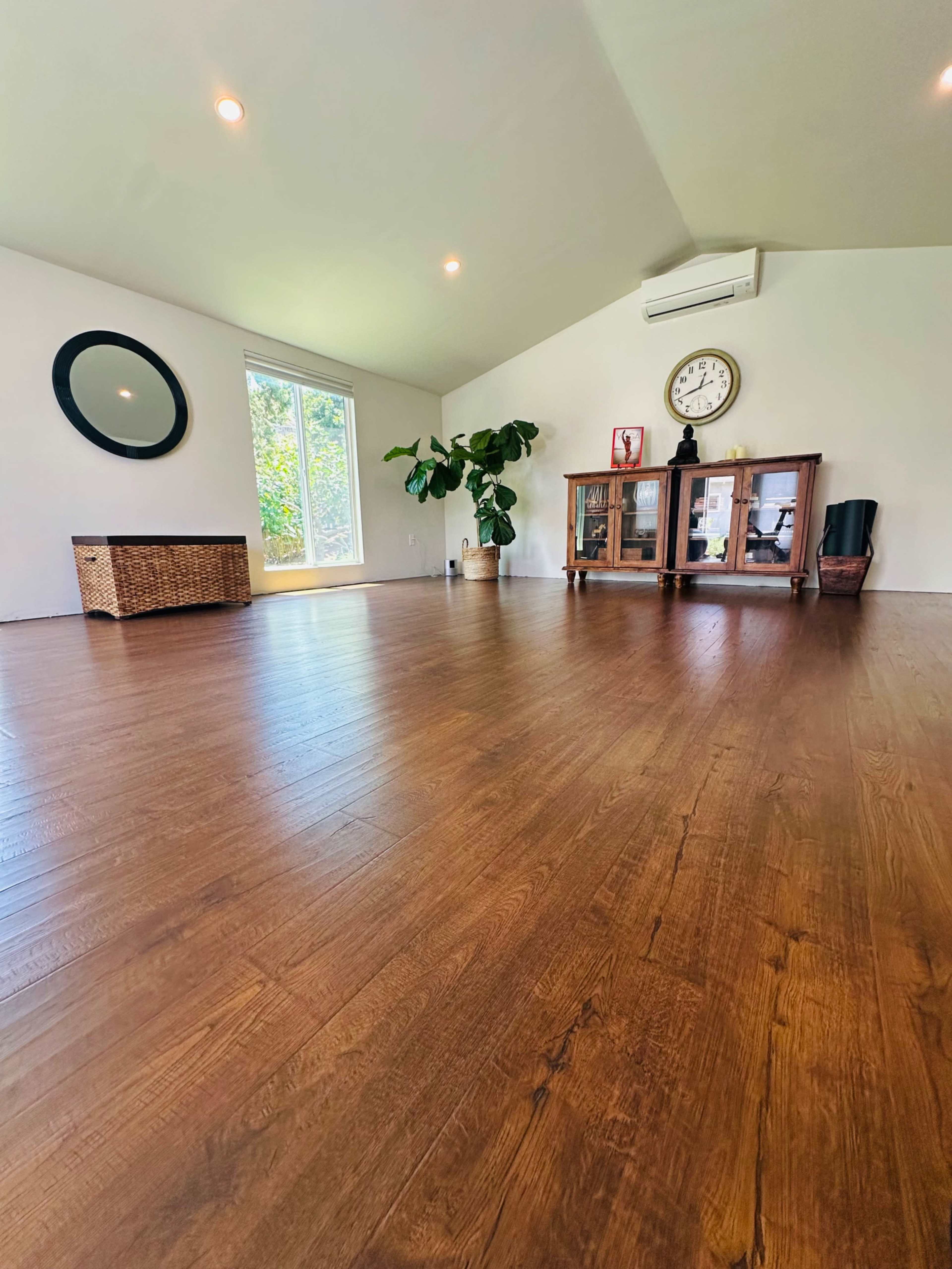 The image shows a spacious, well-lit room with wooden flooring, a large window, a potted plant, and a wooden cabinet.