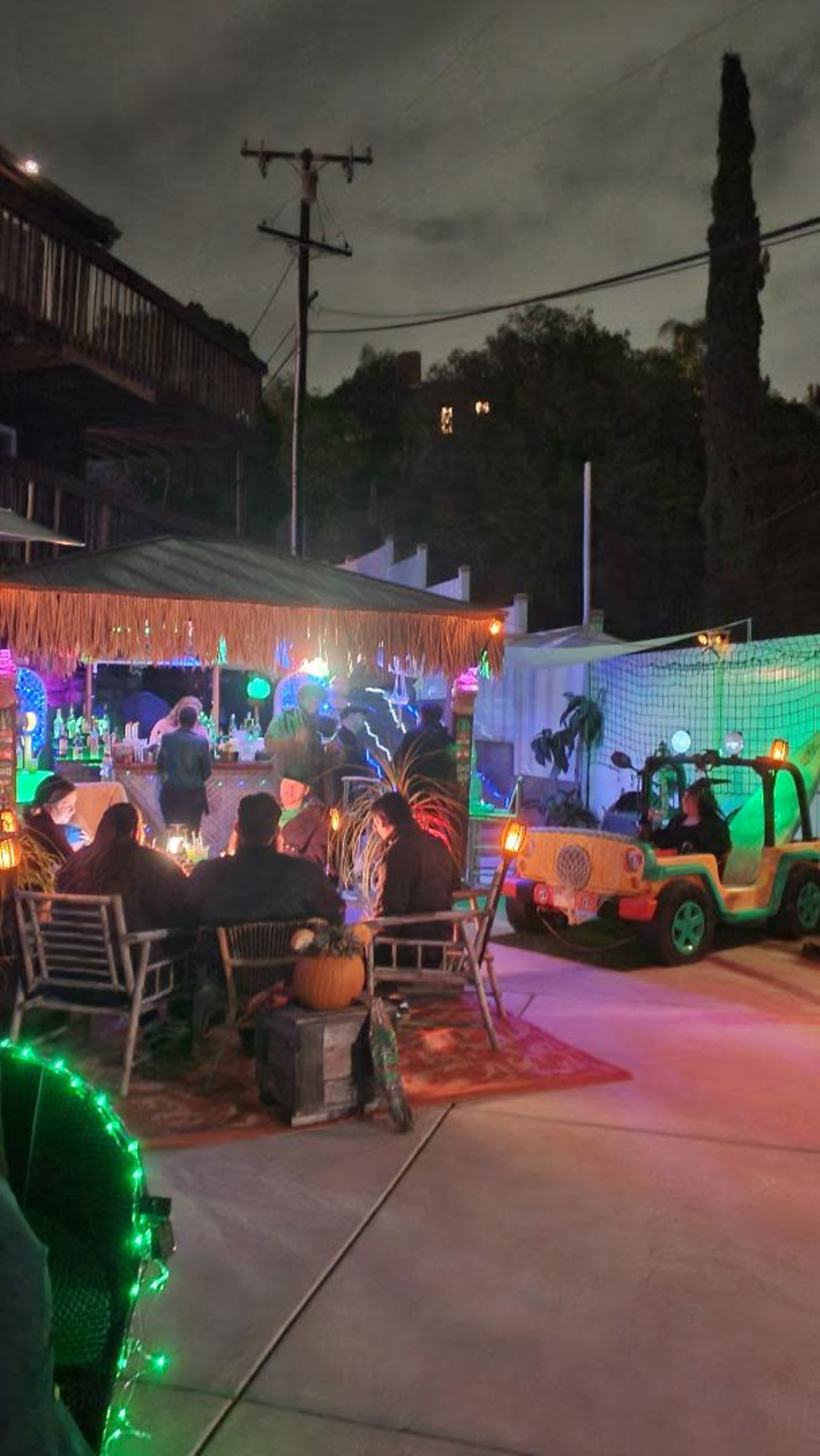 The image shows a festive outdoor gathering with string lights, a bar area, and people socializing under a thatched-roof canopy.