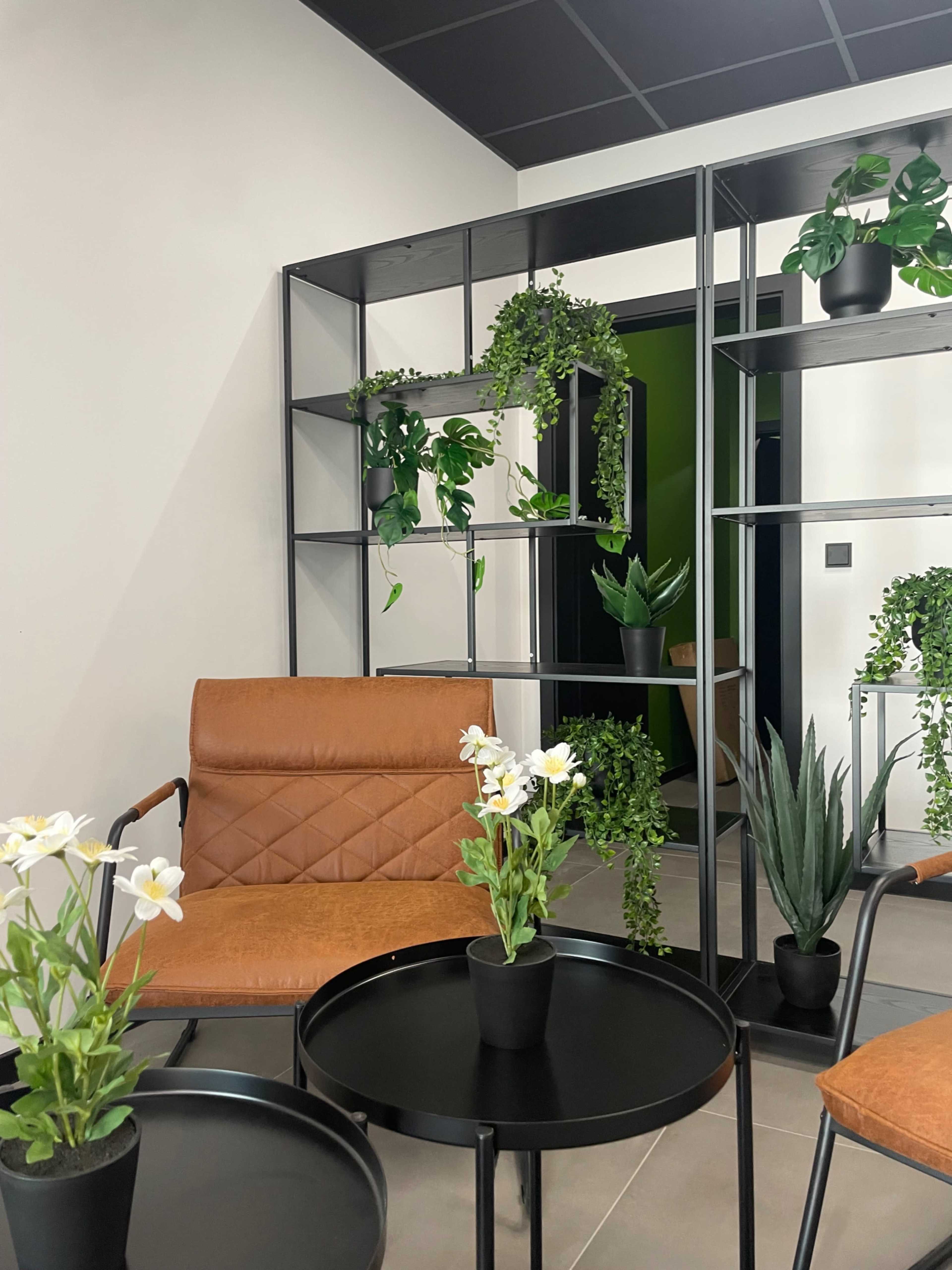 The image shows a modern waiting area featuring brown leather chairs, a small black table, and decorative plants in a shelf and pots.
