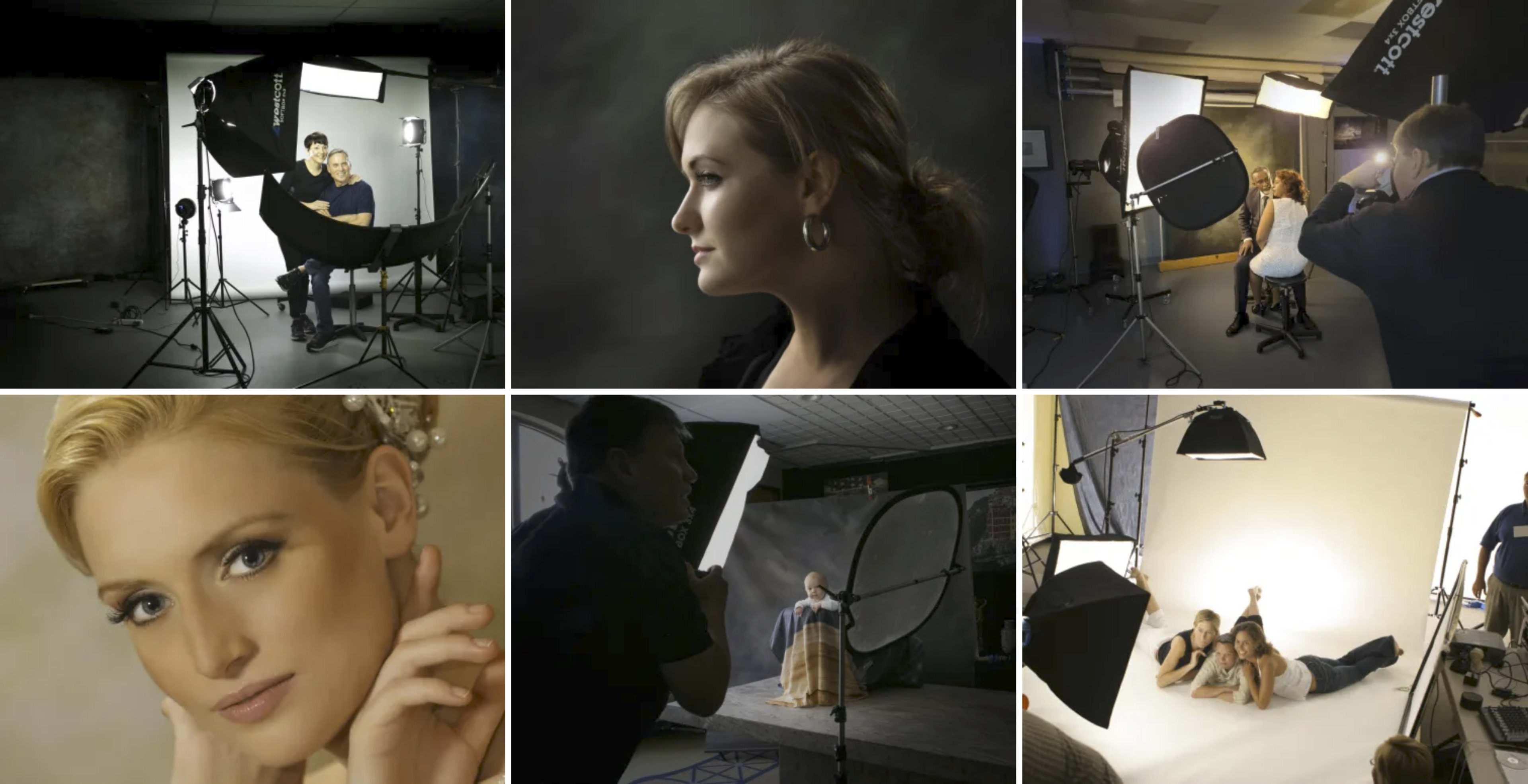 A photography studio with various setups, including models posing, lighting equipment, and photographers at work.