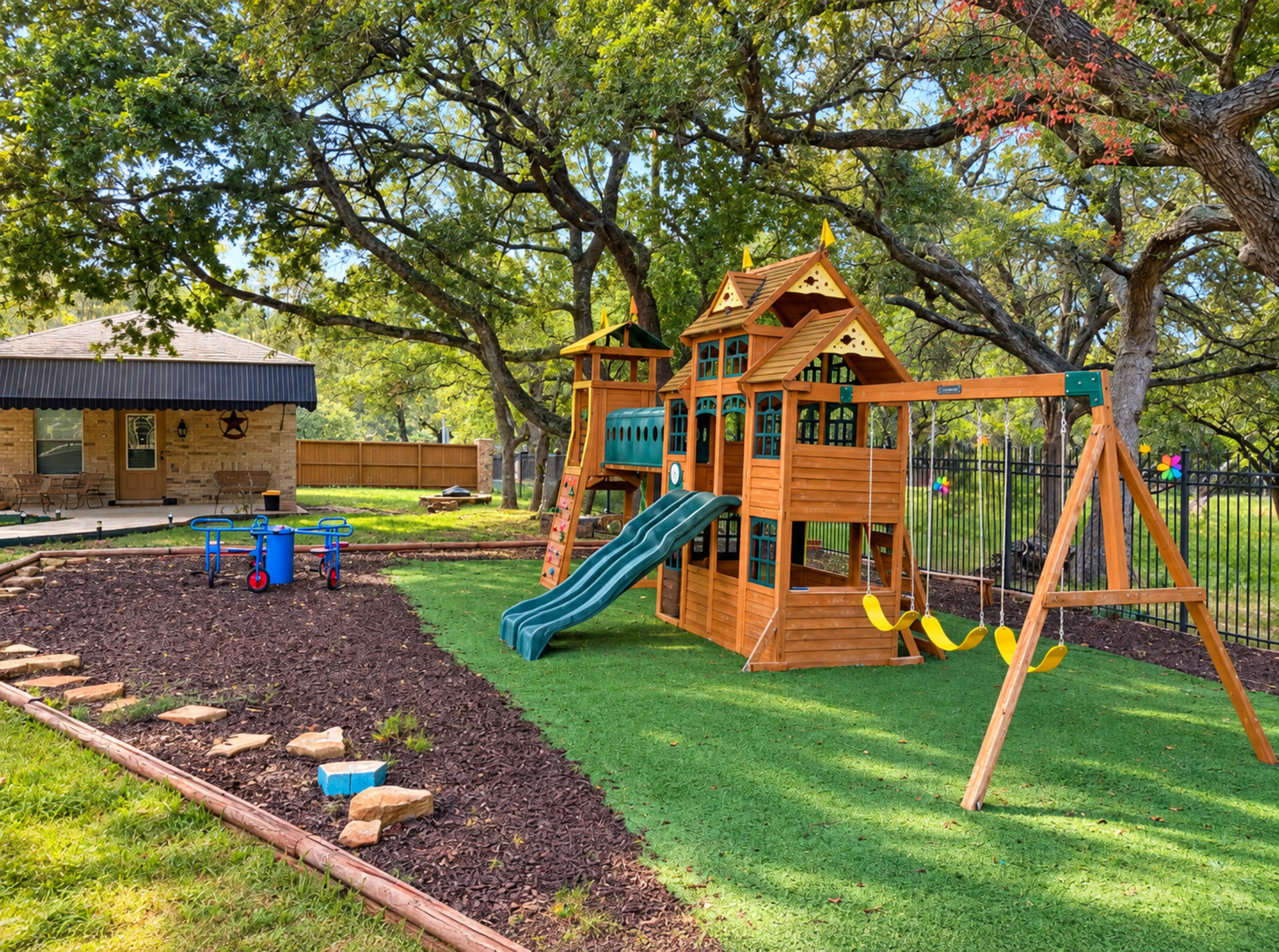 The image shows a wooden playset with slides and swings, situated in a grassy backyard with trees and a nearby house.