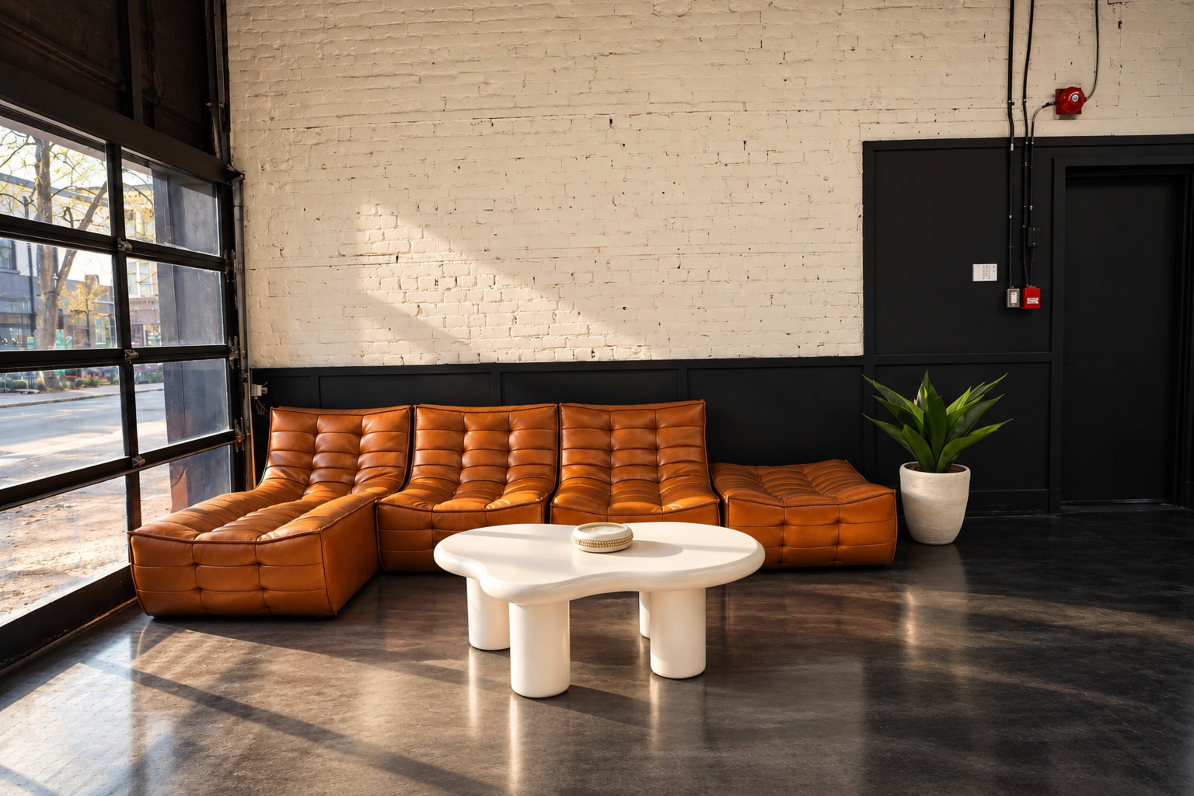 The image shows a modern interior featuring a spacious, sunlit area with a brown leather sectional sofa, a white coffee table, and a potted plant.