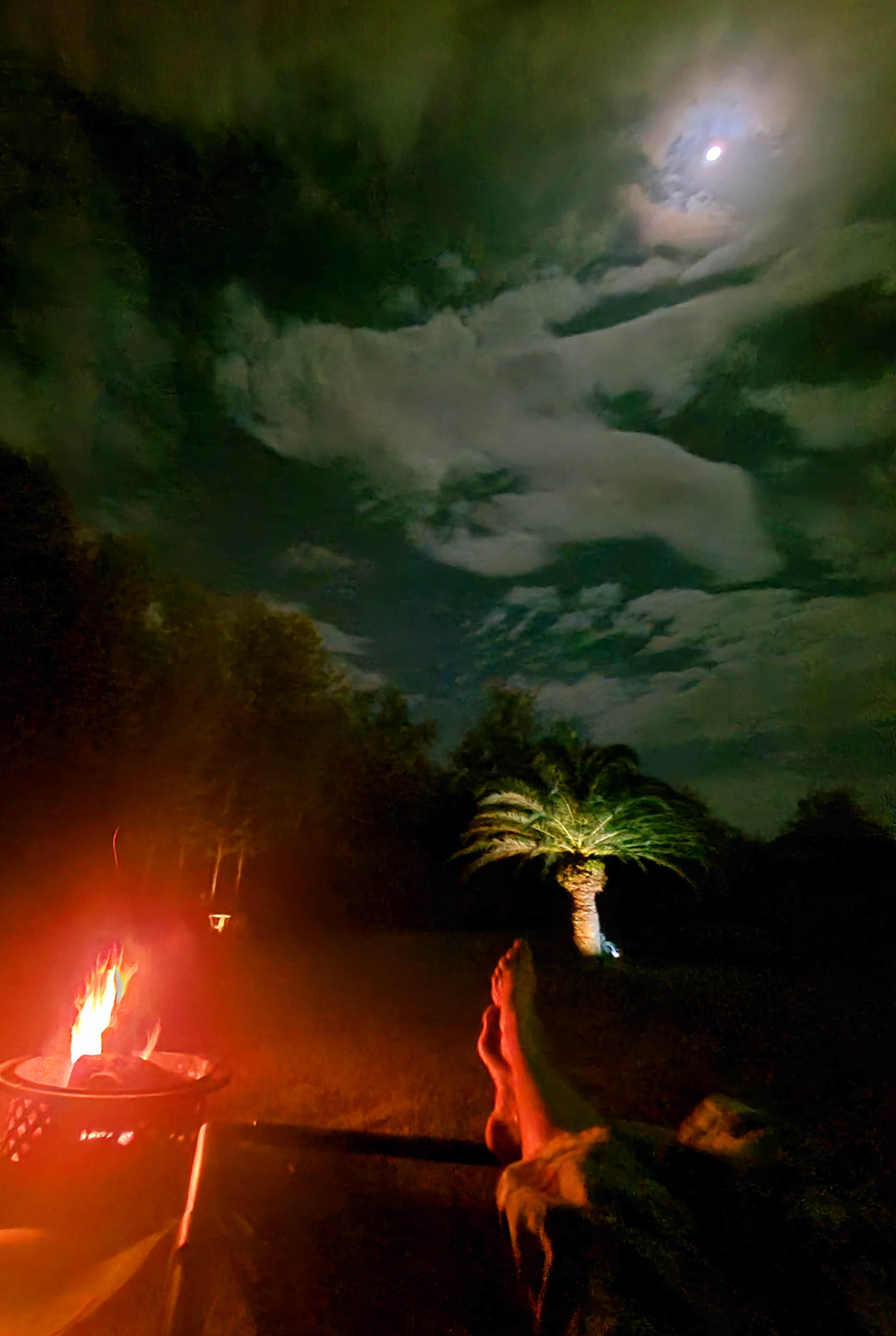 A person relaxes by a fire in a dark outdoor setting, with a palm tree silhouetted against a cloudy night sky.