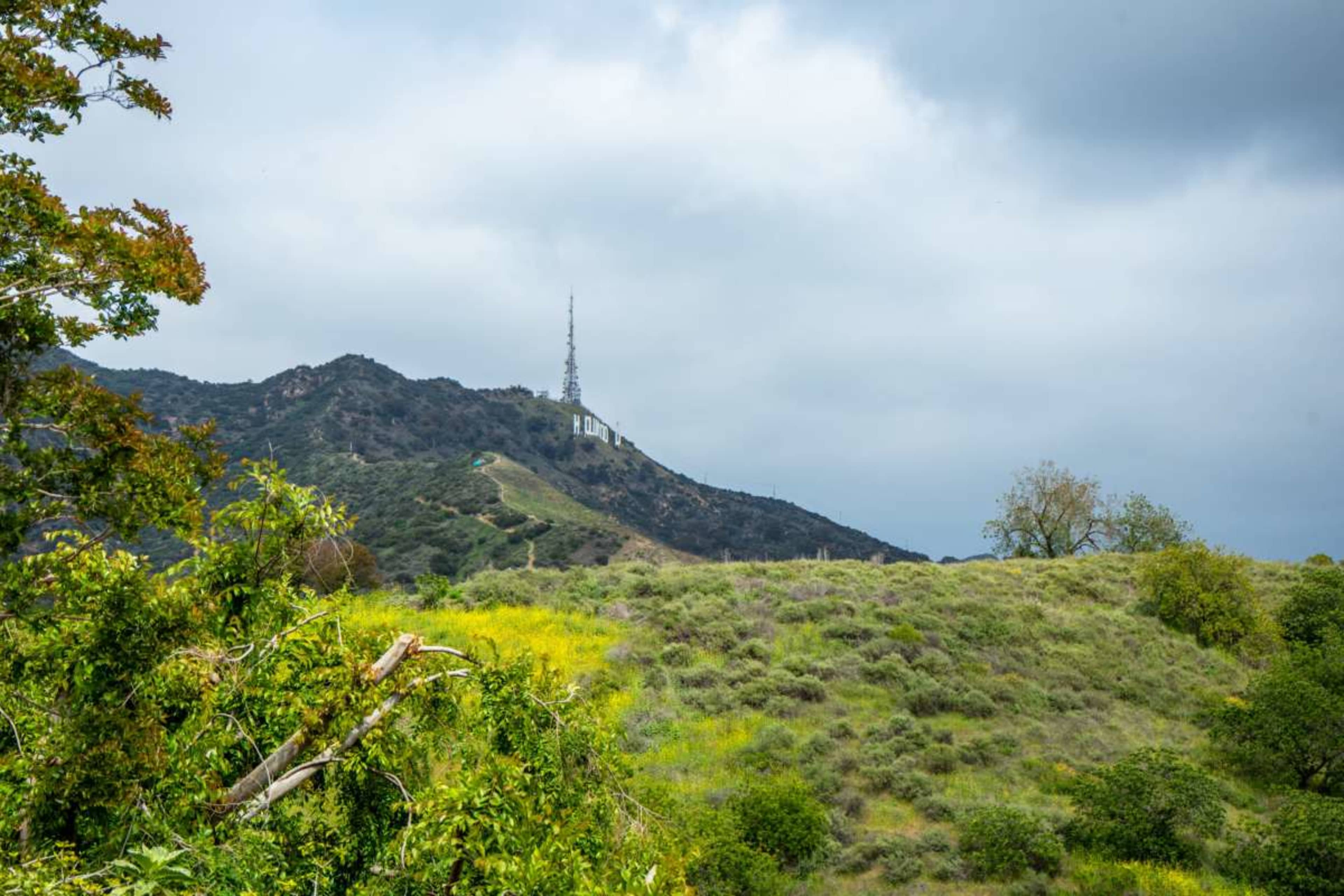 A radio tower stands on a hilltop surrounded by green vegetation and cloudy skies.
