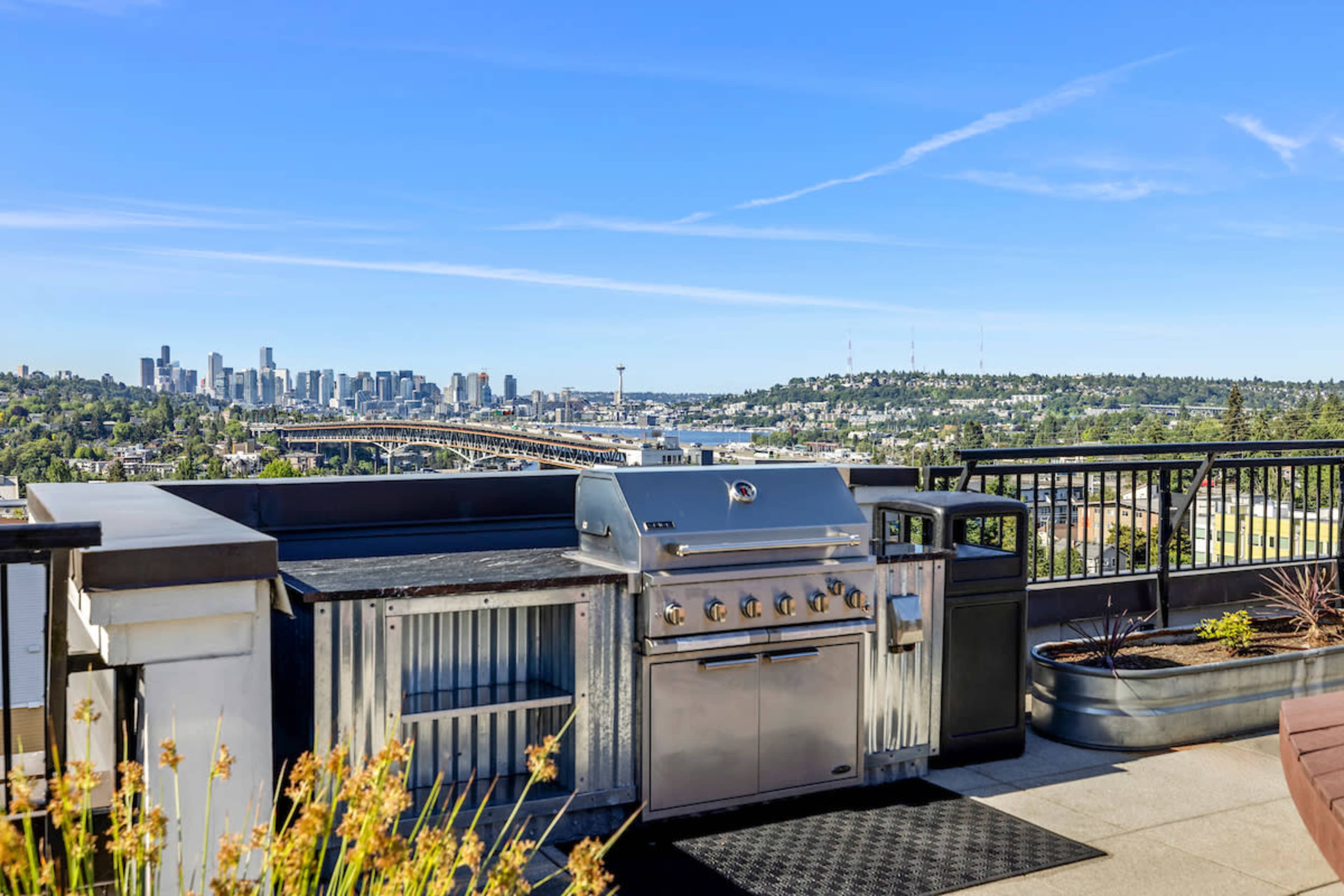 A rooftop terrace features a stainless steel grill with a view of a city skyline and a body of water in the background.
