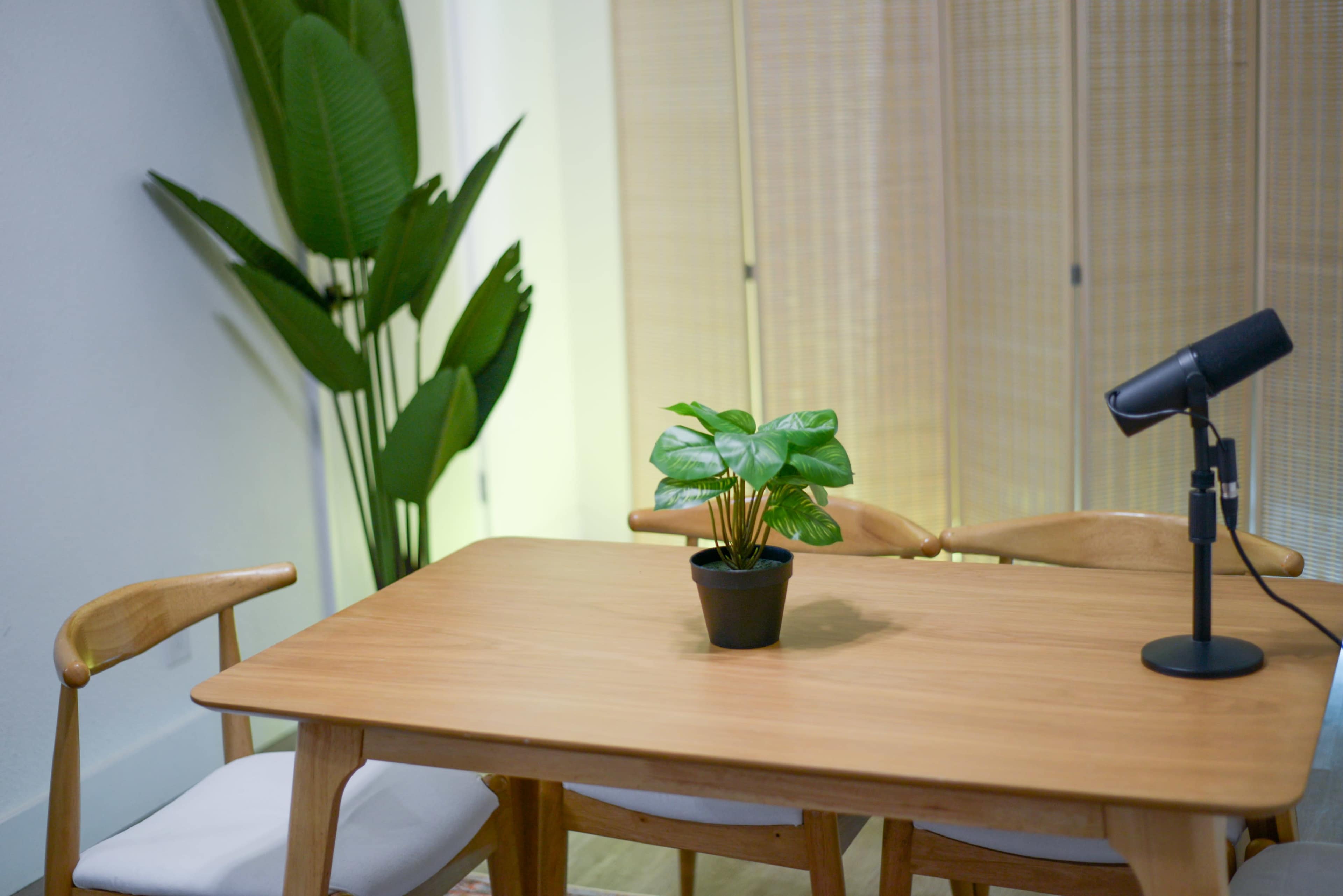A wooden table with a small potted plant sits in the center of a room, surrounded by two chairs and a floor lamp, with a large leafy plant nearby and a backdrop of bamboo blinds.