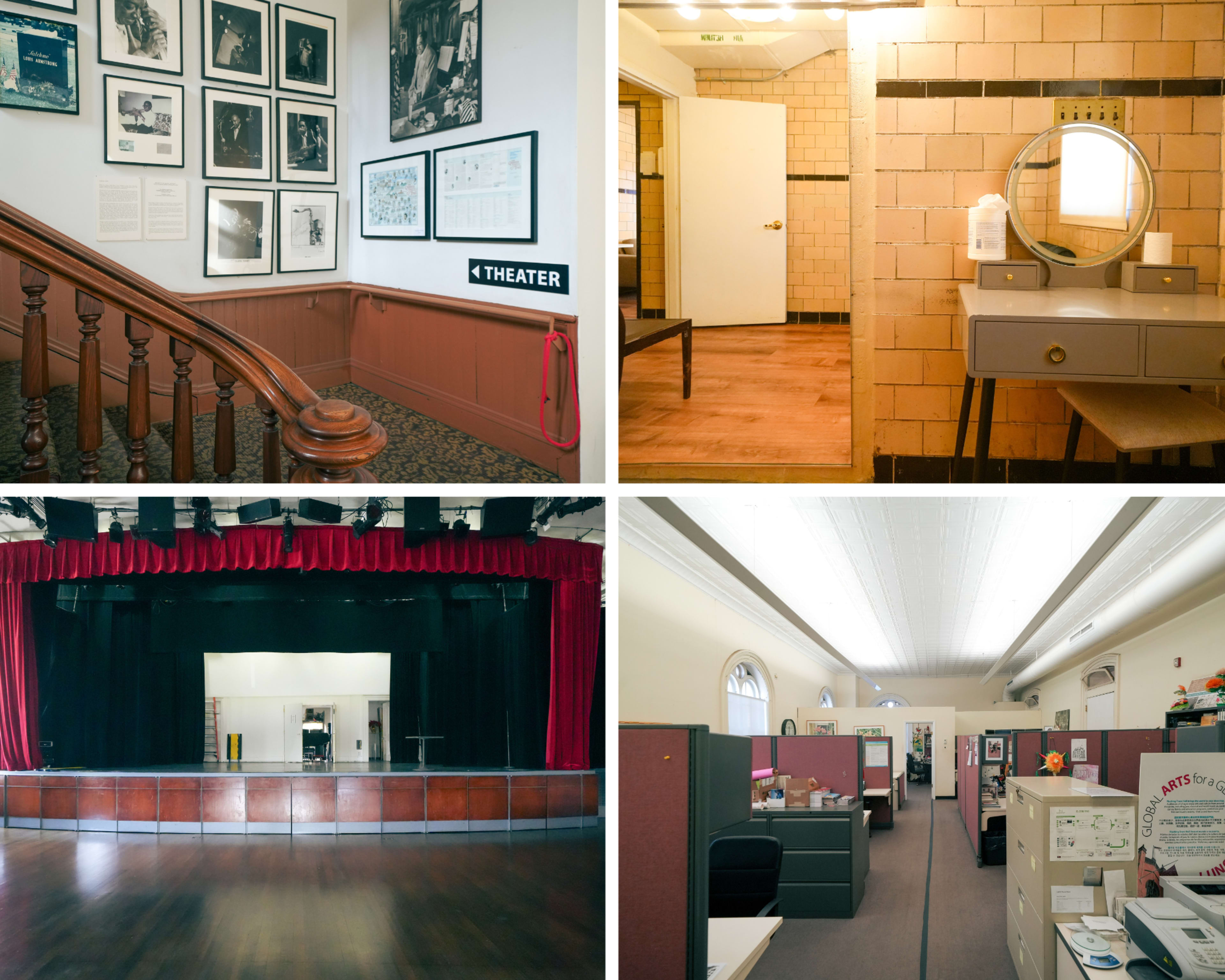 Four distinct scenes: a staircase leading to a wall adorned with framed photographs, a restroom with a sink and mirror, a stage with a red curtain drawn back, and an office space filled with cubicles and filing cabinets.