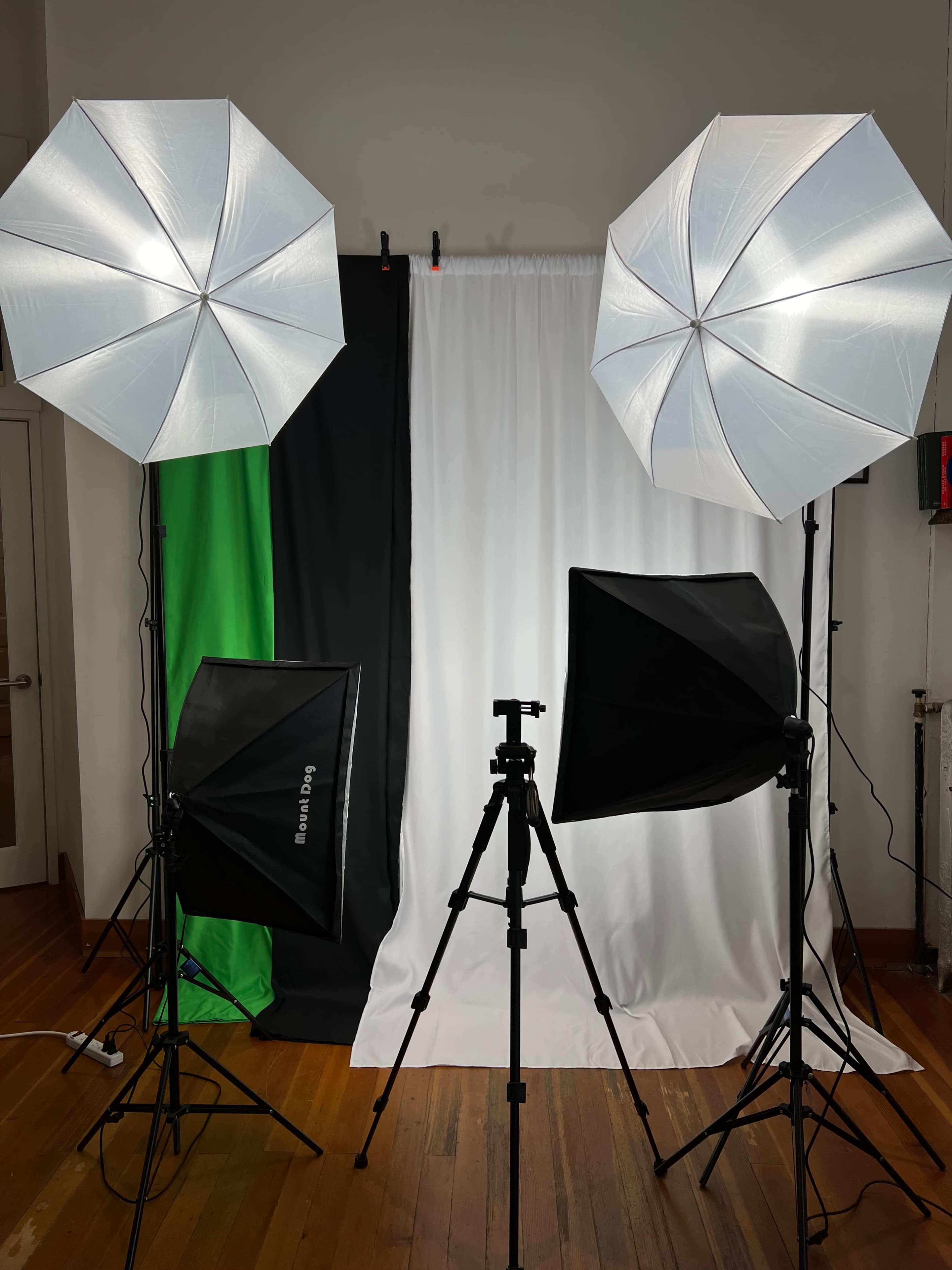 A photography setup with two large softbox lights and a smaller light on a tripod, positioned in front of a white backdrop flanked by green and black fabric.
