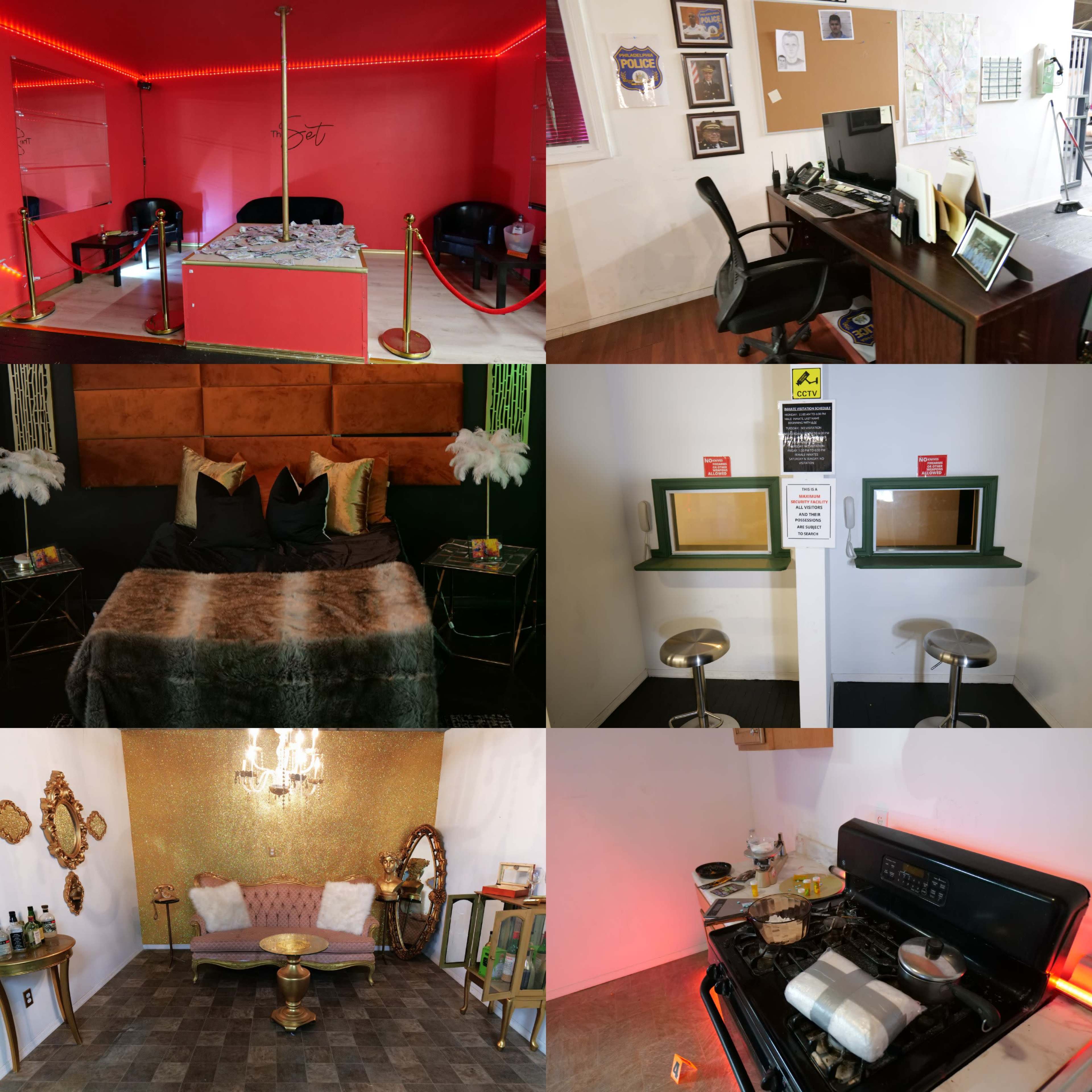 A collage of interior spaces, including a red-lit lounge area, an office setup, a cozy bedroom with luxurious decor, a modern kitchenette, and a decorative sitting space.