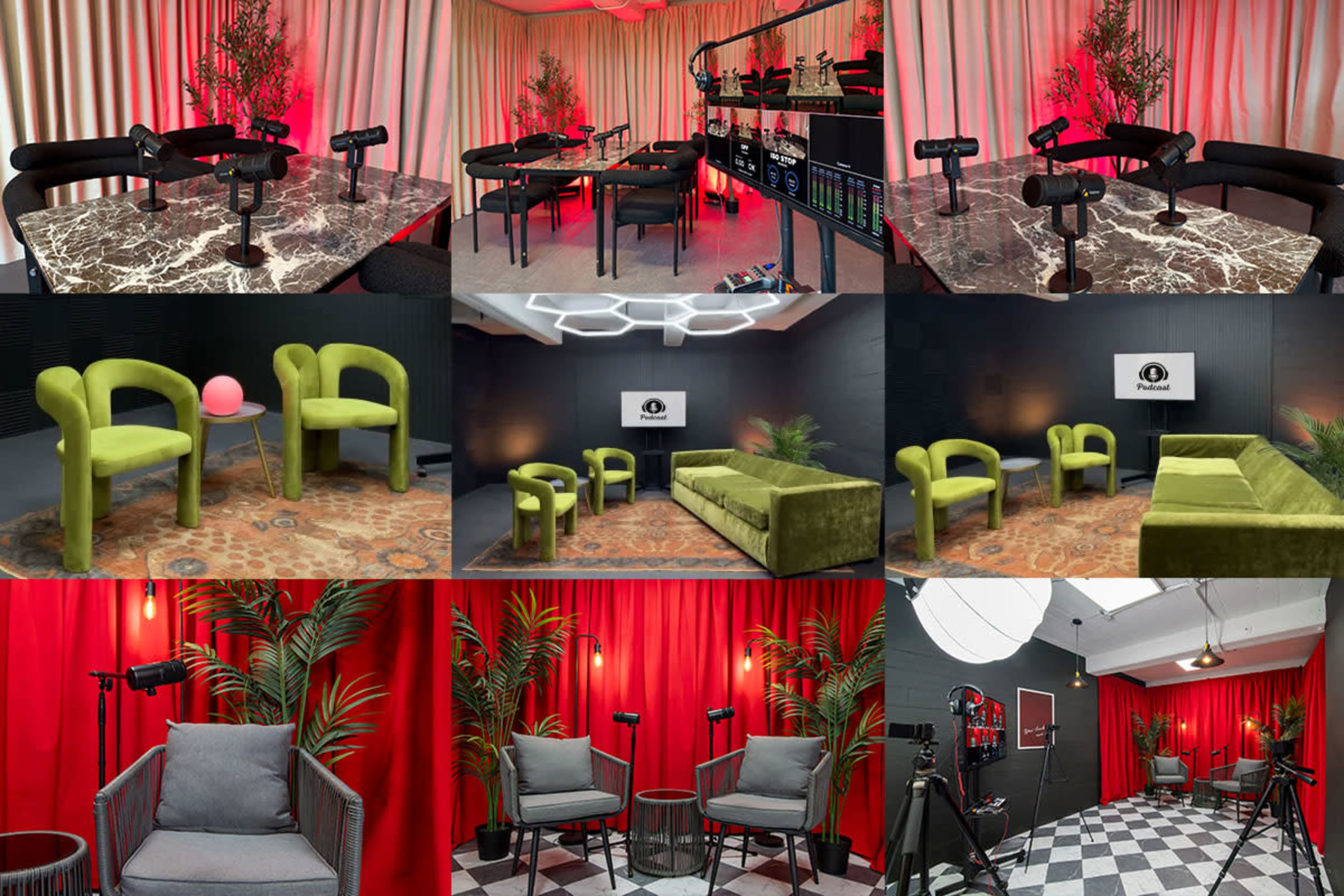 The image displays a series of interiors designed for podcasting or interviews, featuring various seating arrangements, lighting, and decoration in a professional setting.