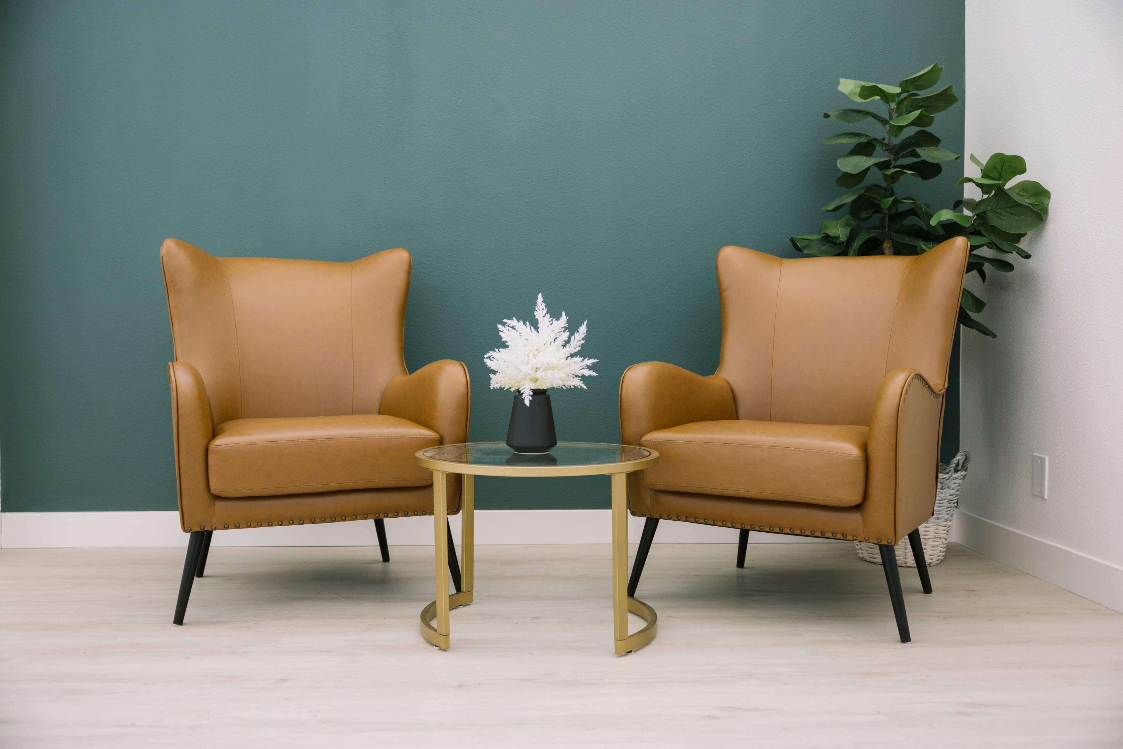 The image shows two tan upholstered chairs facing each other across a round glass coffee table, with a small potted plant on the table and a green wall in the background.