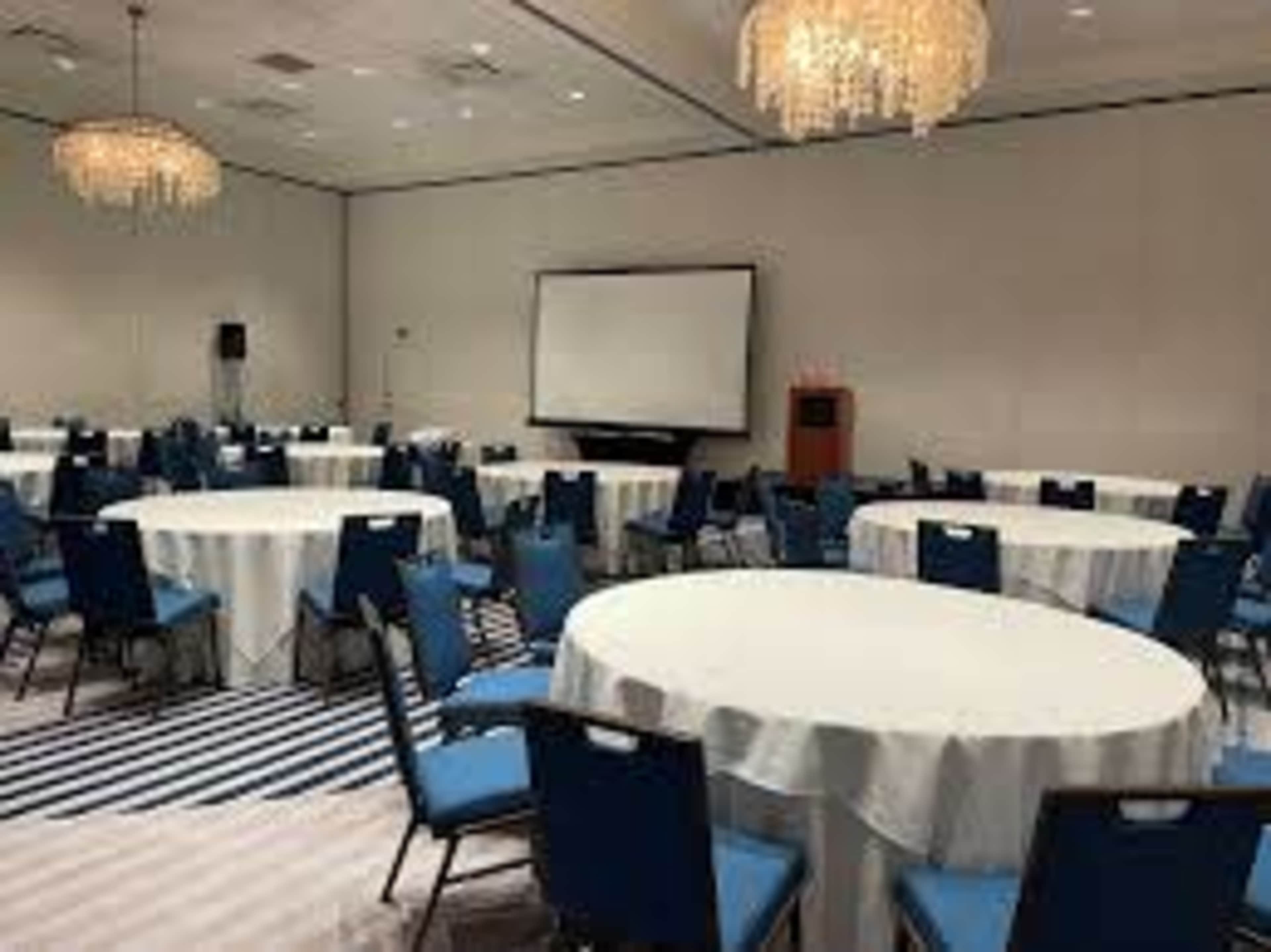 A conference room features multiple round tables with blue chairs, a blank projector screen, and chandeliers overhead.