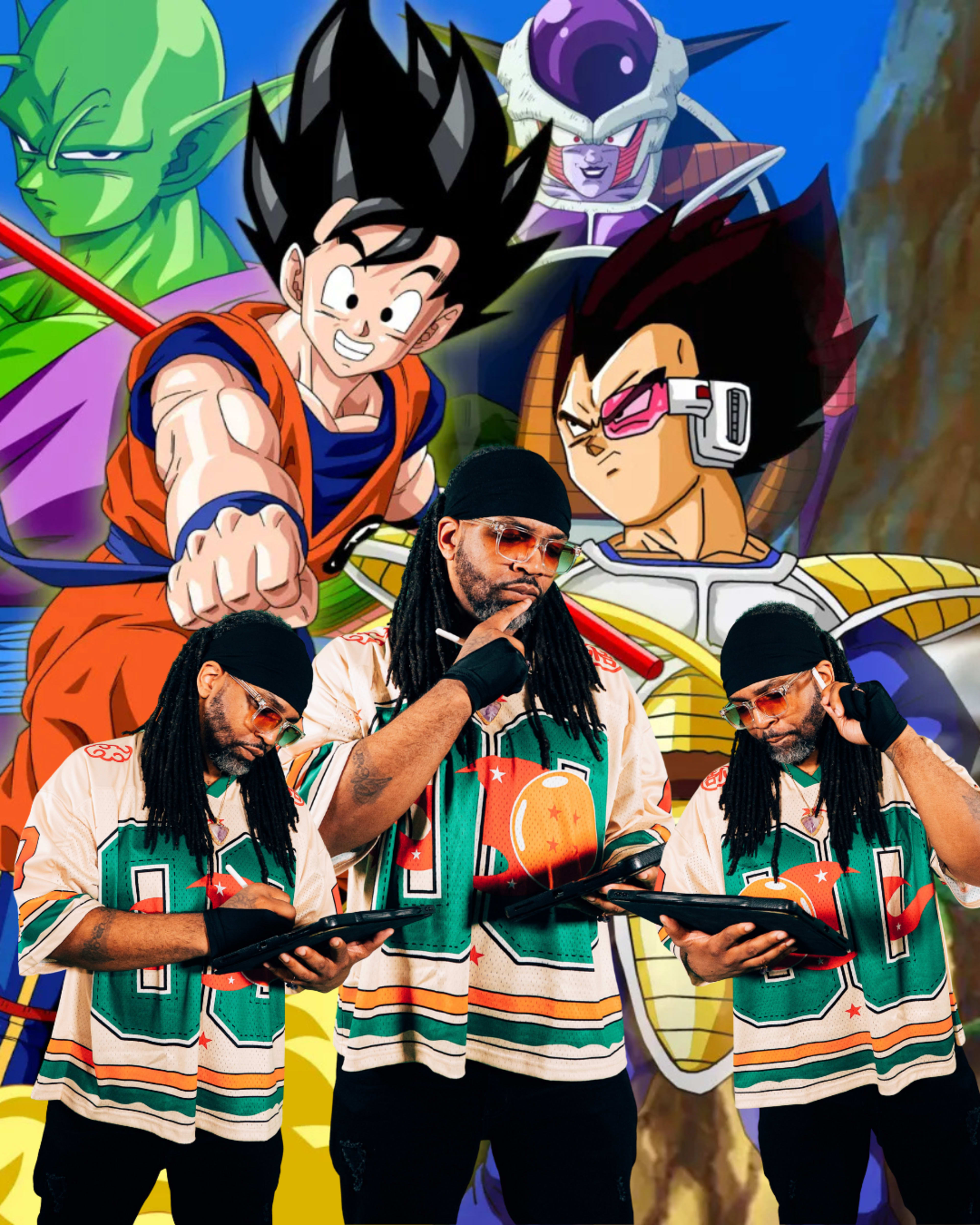 The image features a group of animated characters from a popular series in the background, while three individuals in a sports jersey hold tablets in the foreground.