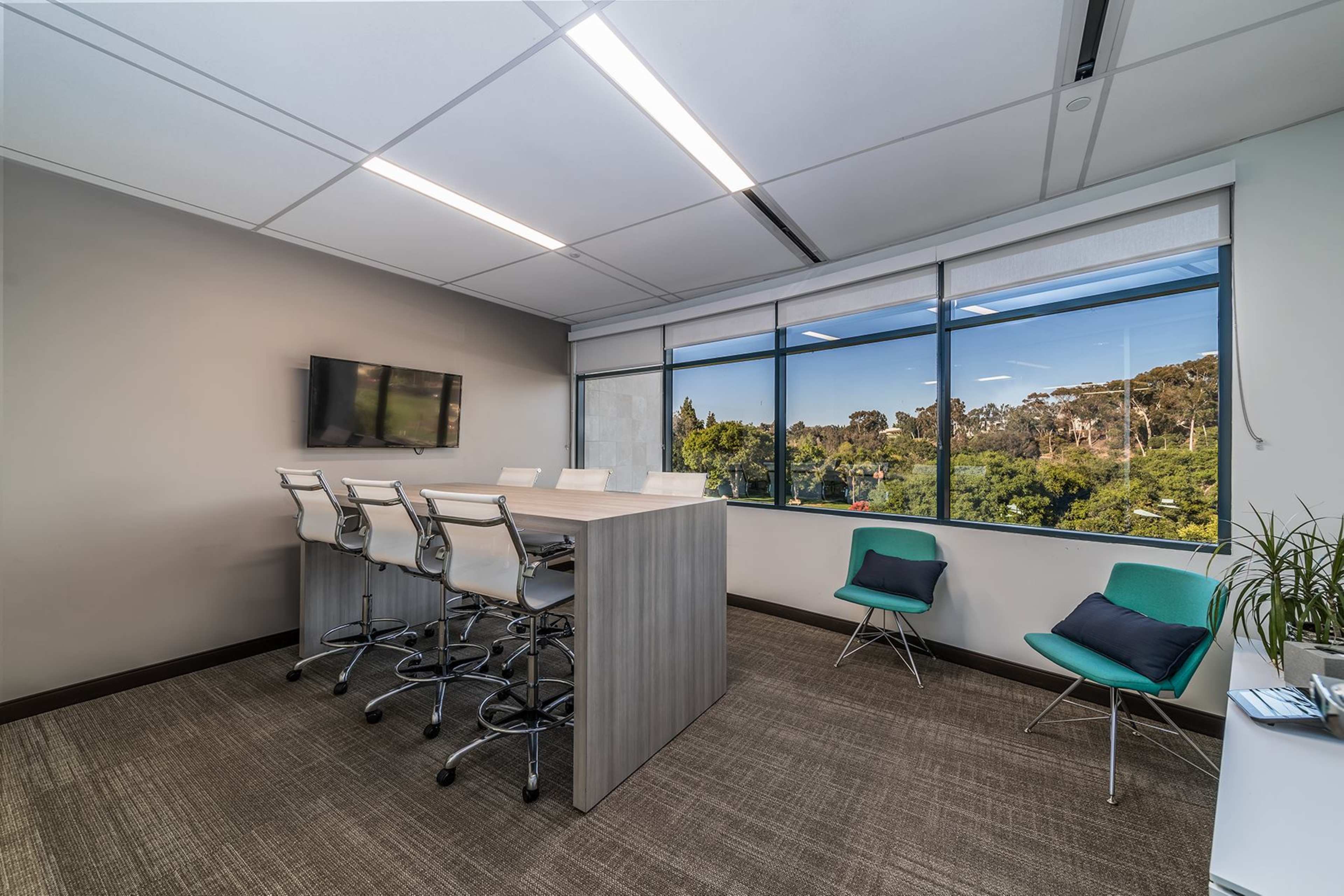 A modern conference room features a large table with high-backed chairs, large windows offering a view of greenery, and a wall-mounted television.