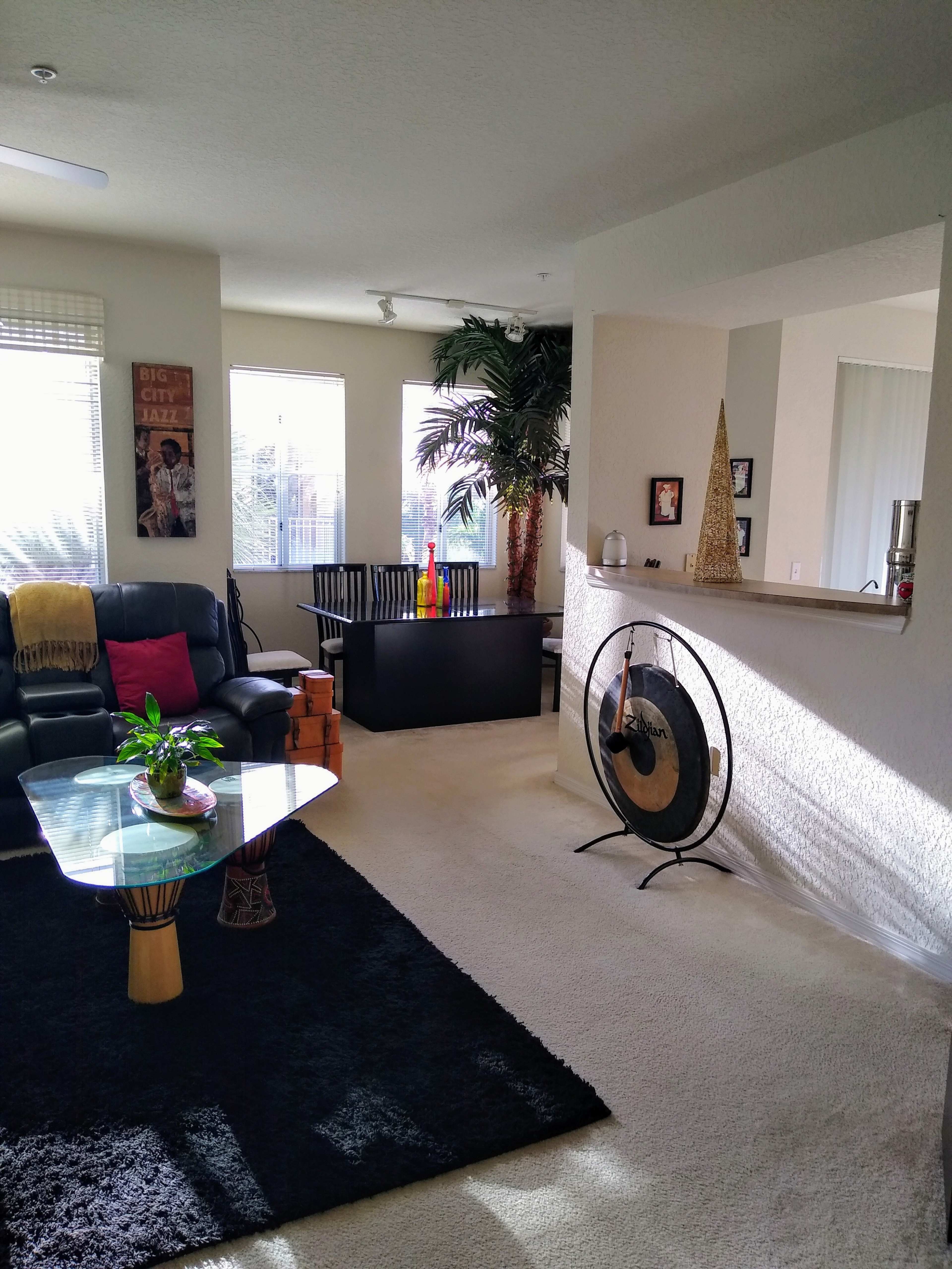 A bright living area featuring a black rug, a glass coffee table, a leather couch, and a kitchenette with decorative items.