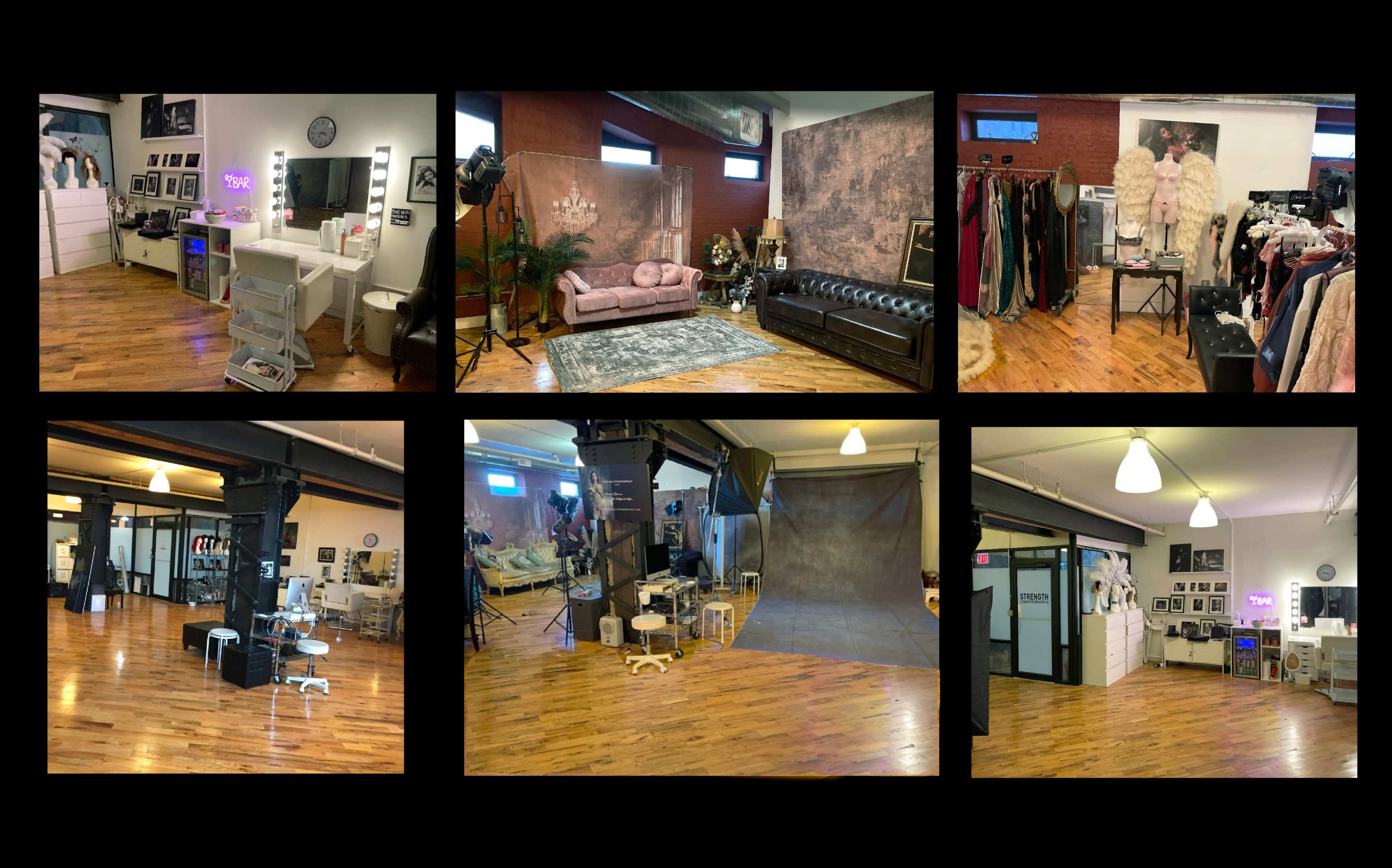 The image shows a photography studio featuring various set designs, including a dressing area, a lounge with a vintage couch, clothing racks, and multiple backdrops.