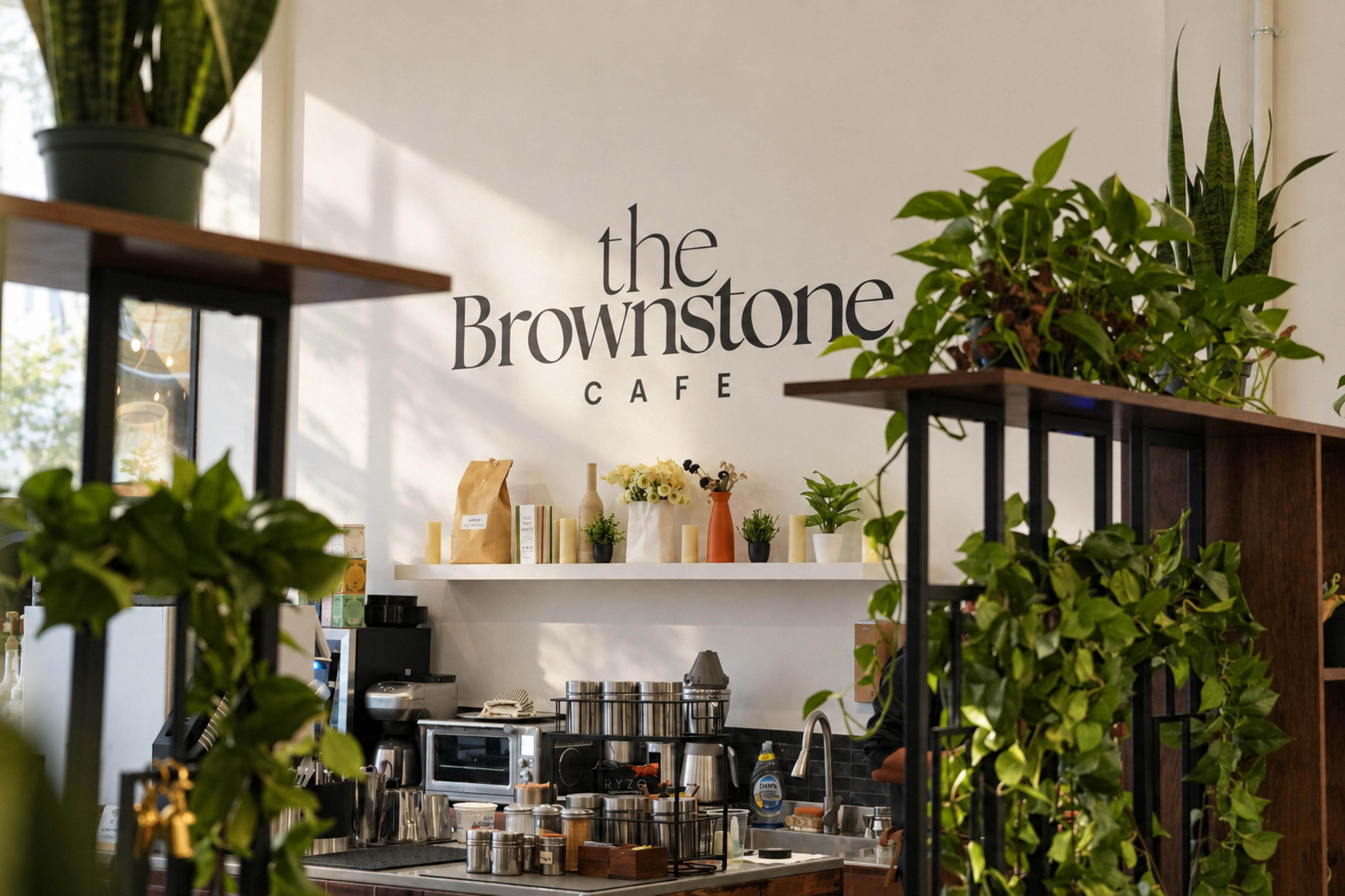 The image shows a cozy café interior featuring a prominently displayed sign that reads "the Brownstone CAFE," with greenery and a counter filled with various coffee equipment and supplies.