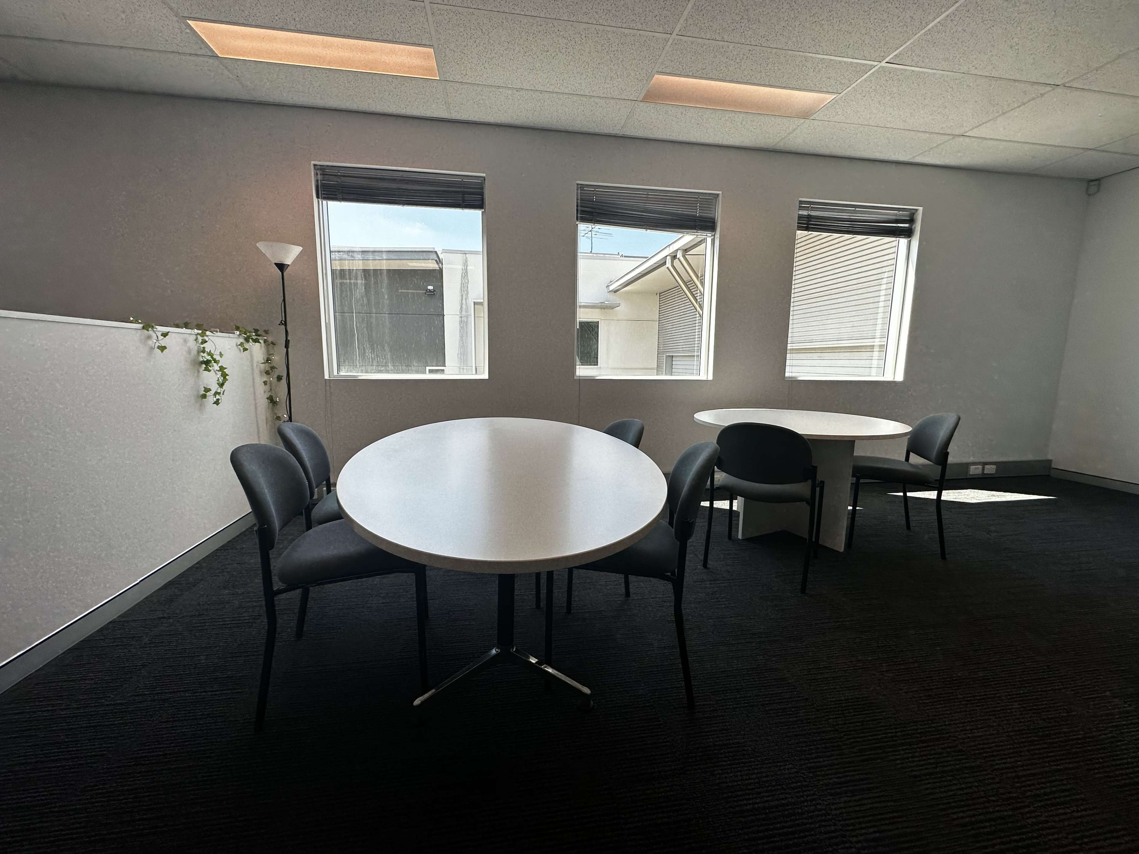 A room with two round tables surrounded by chairs, illuminated by natural light from three windows.