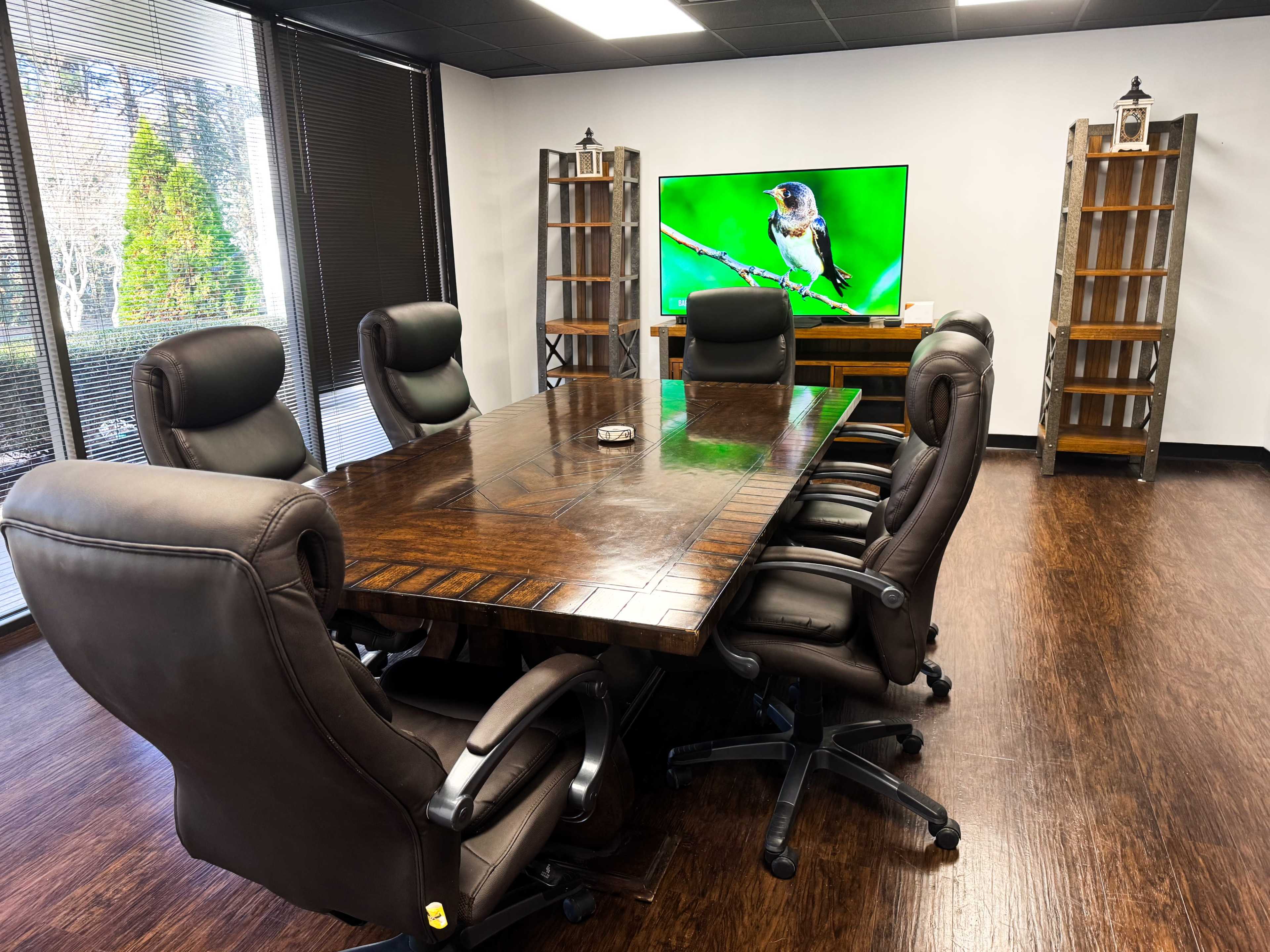 A large wooden conference table is surrounded by ergonomic black chairs, with a television displaying a bird in the background.