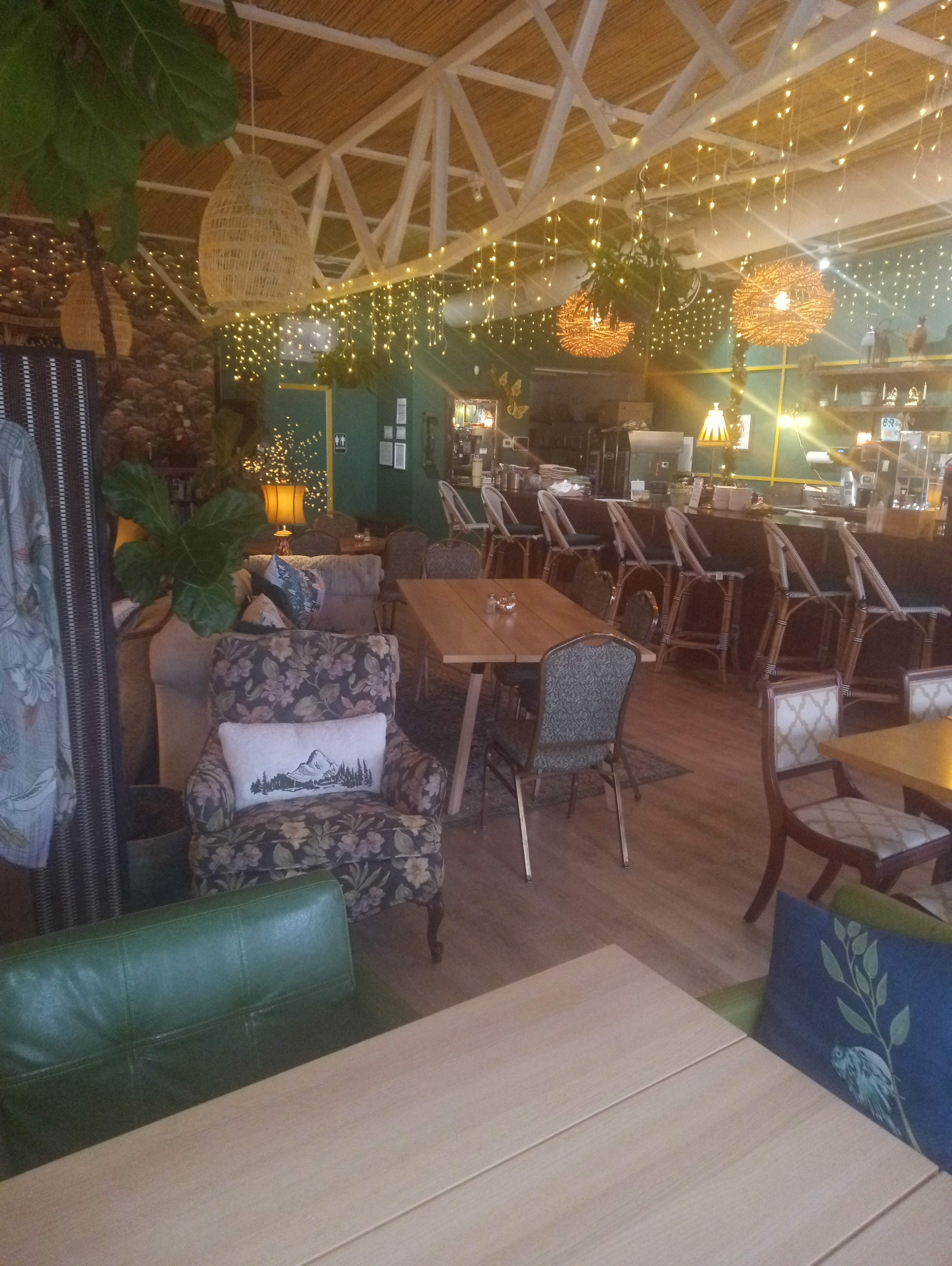 The image depicts a cozy café interior featuring wooden tables, patterned chairs, and various plants, illuminated by string lights and soft lamps.