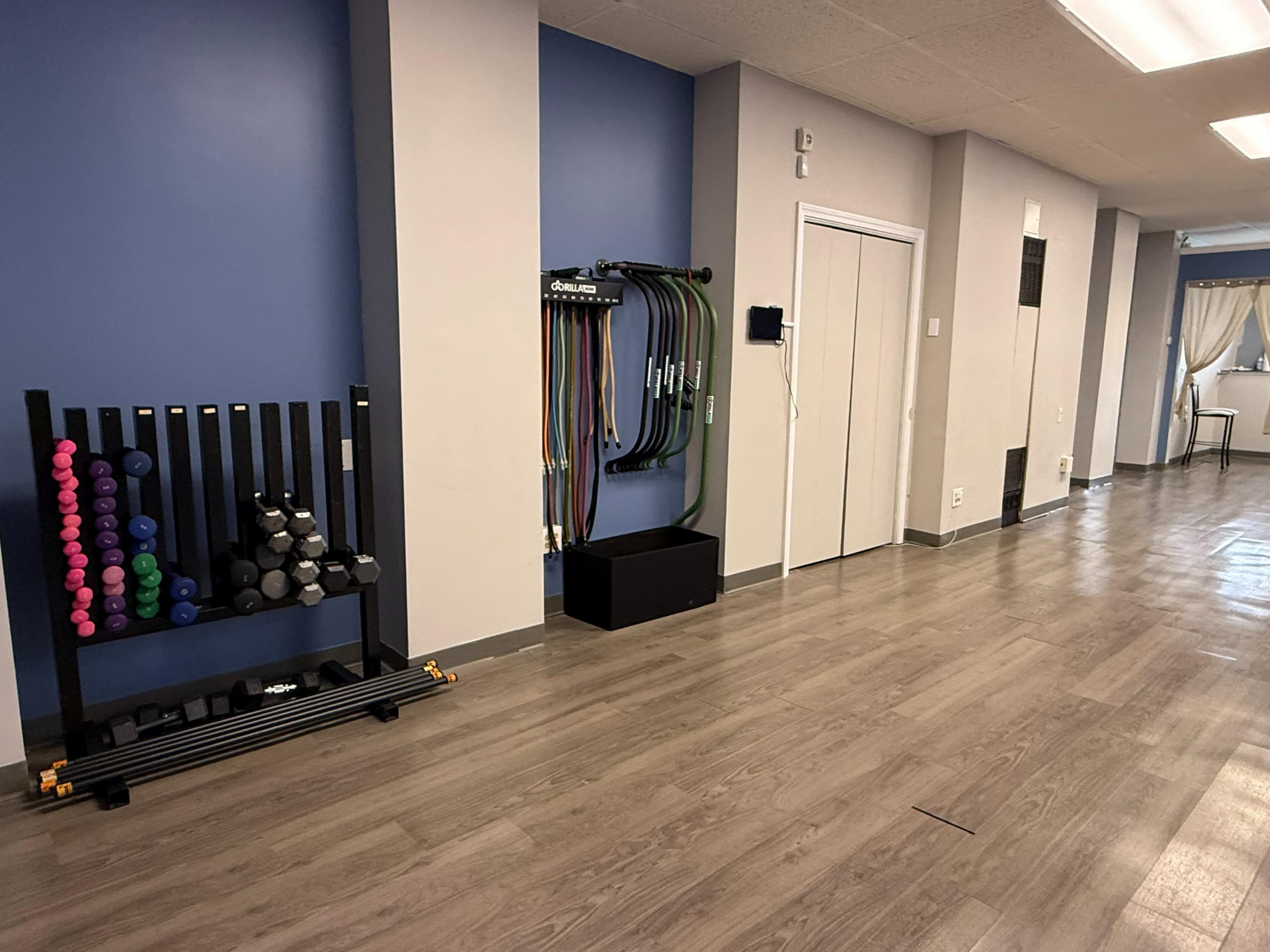 The image shows a fitness area with a rack of colorful dumbbells, resistance bands mounted on the wall, and a mirrored wall opposite a set of closed doors.