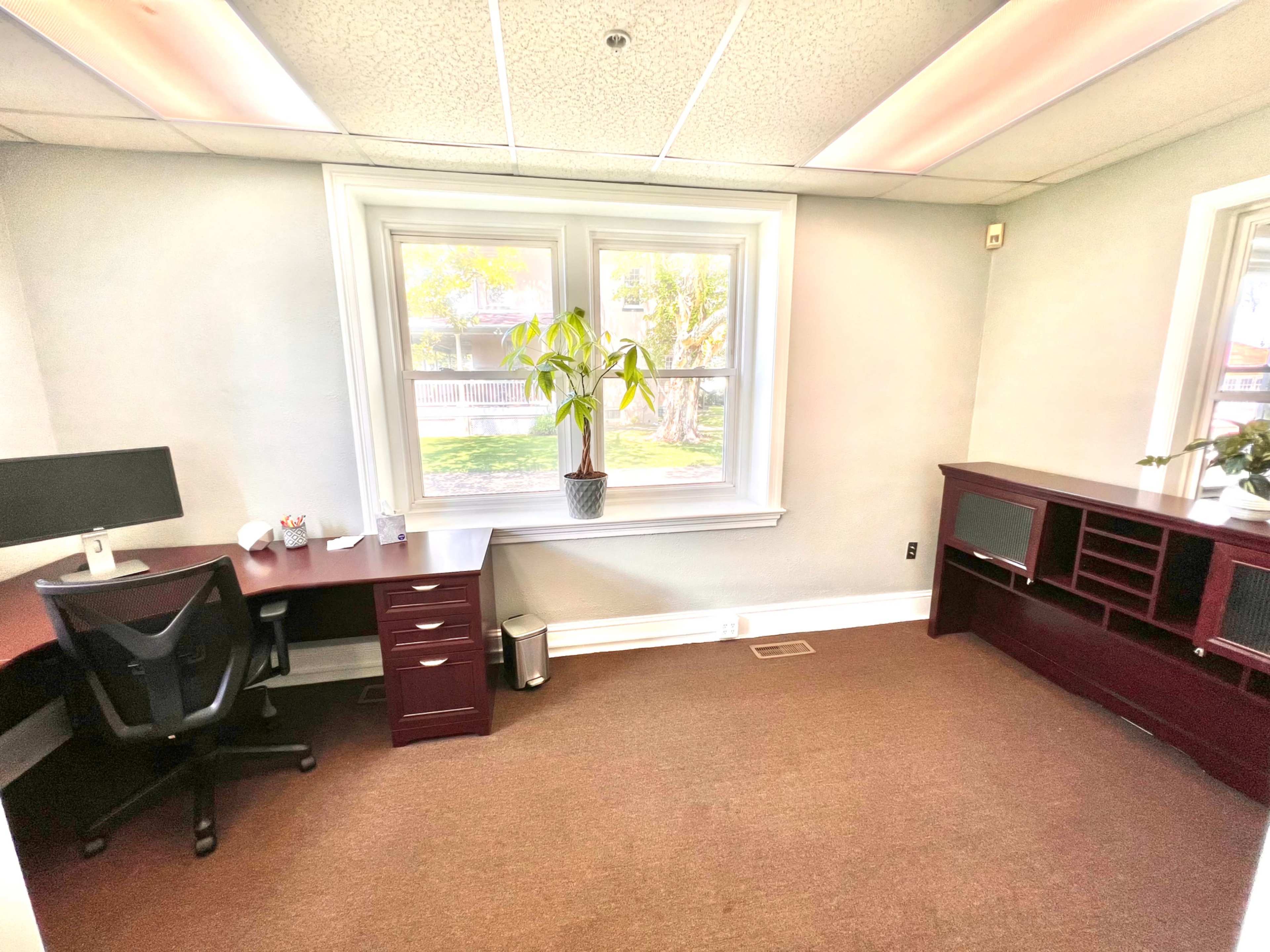 A well-lit office space featuring a desk with a computer, a filing cabinet, and a window with a plant visible outside.