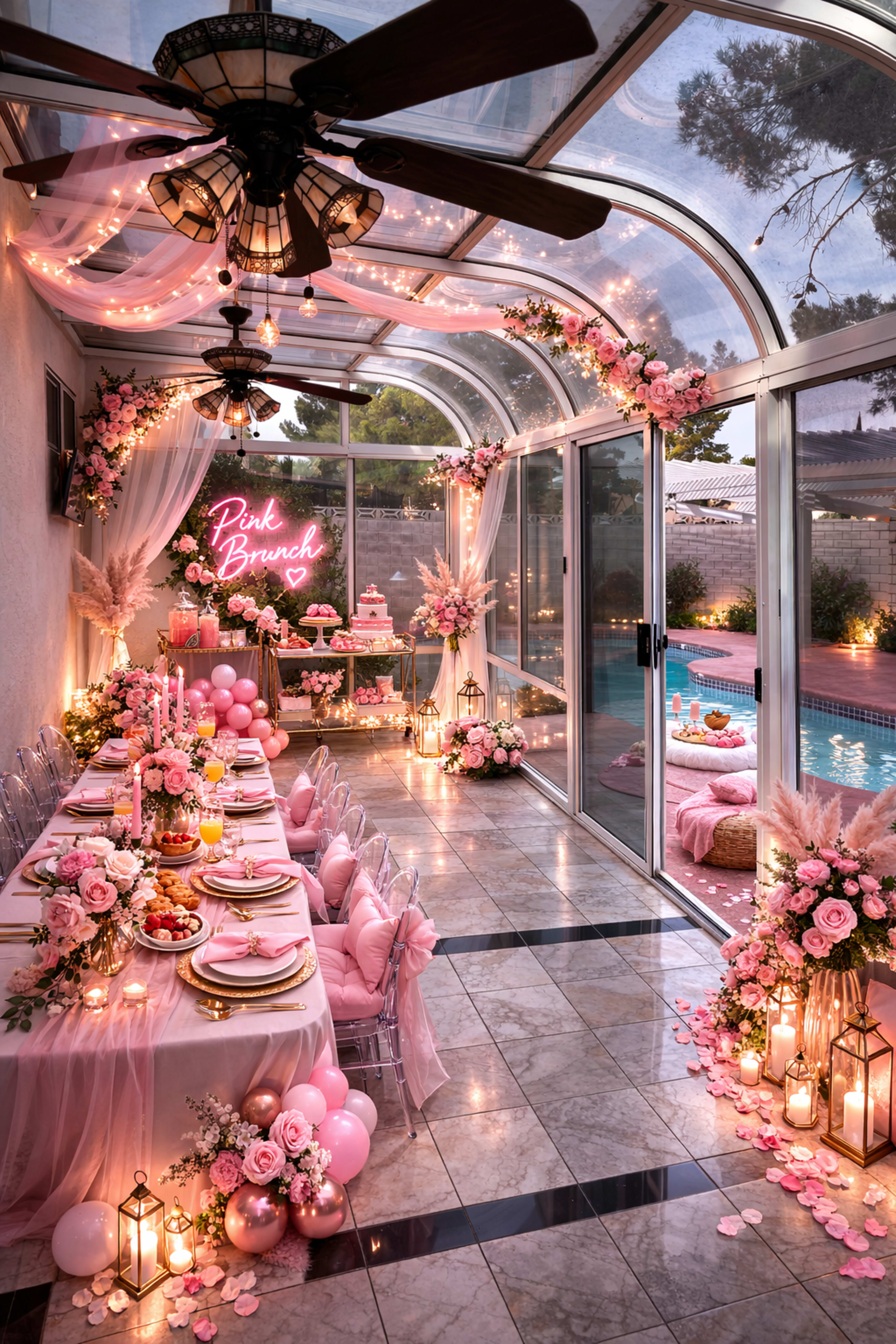 A beautifully decorated indoor space features a long dining table adorned with pink tableware and floral arrangements, surrounded by soft lighting and a pink-themed party setup near a pool.