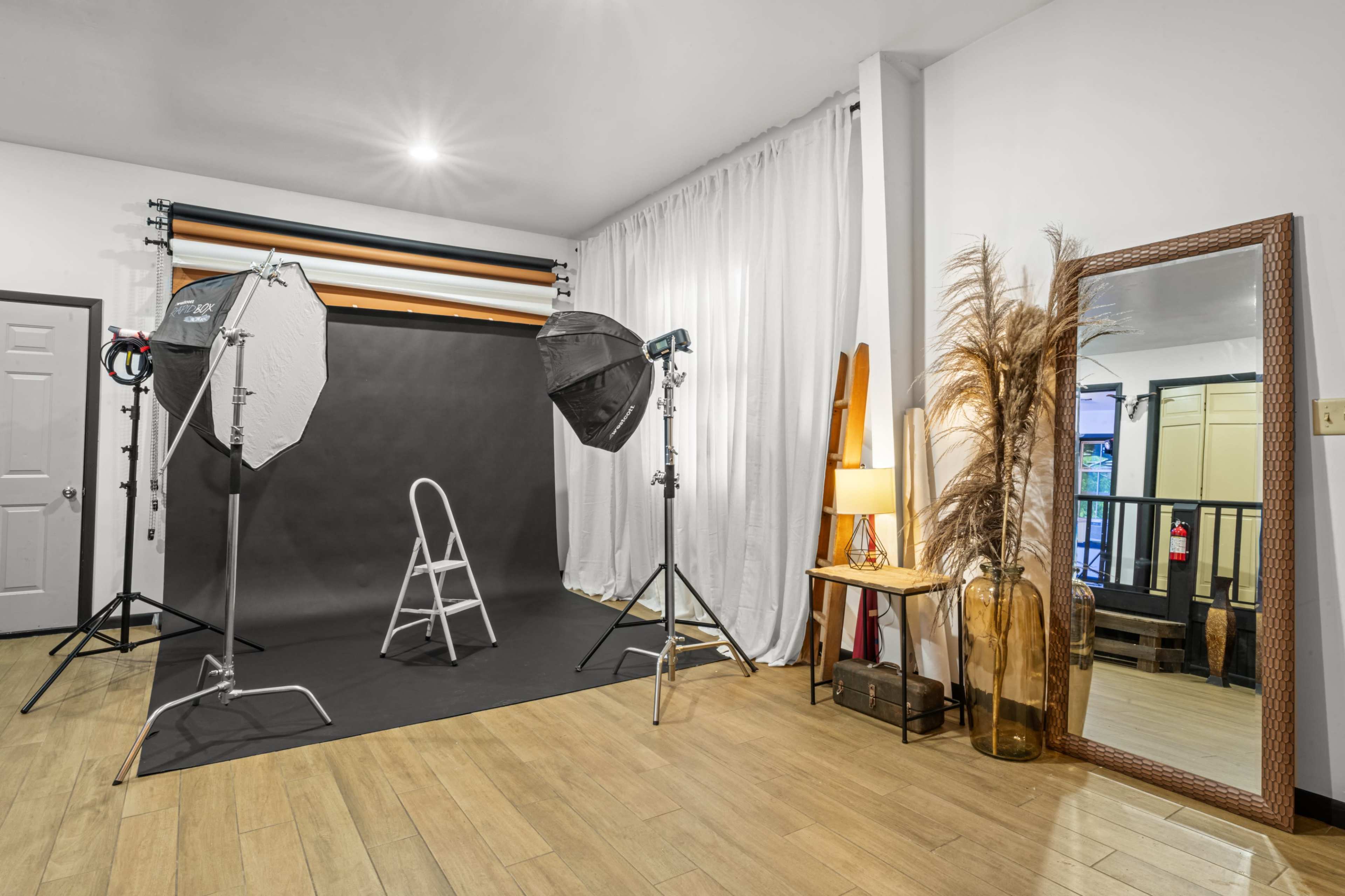 The image shows a photography studio with a black backdrop, two softbox lights on stands, a ladder, a decorative mirror, and a potted plant.