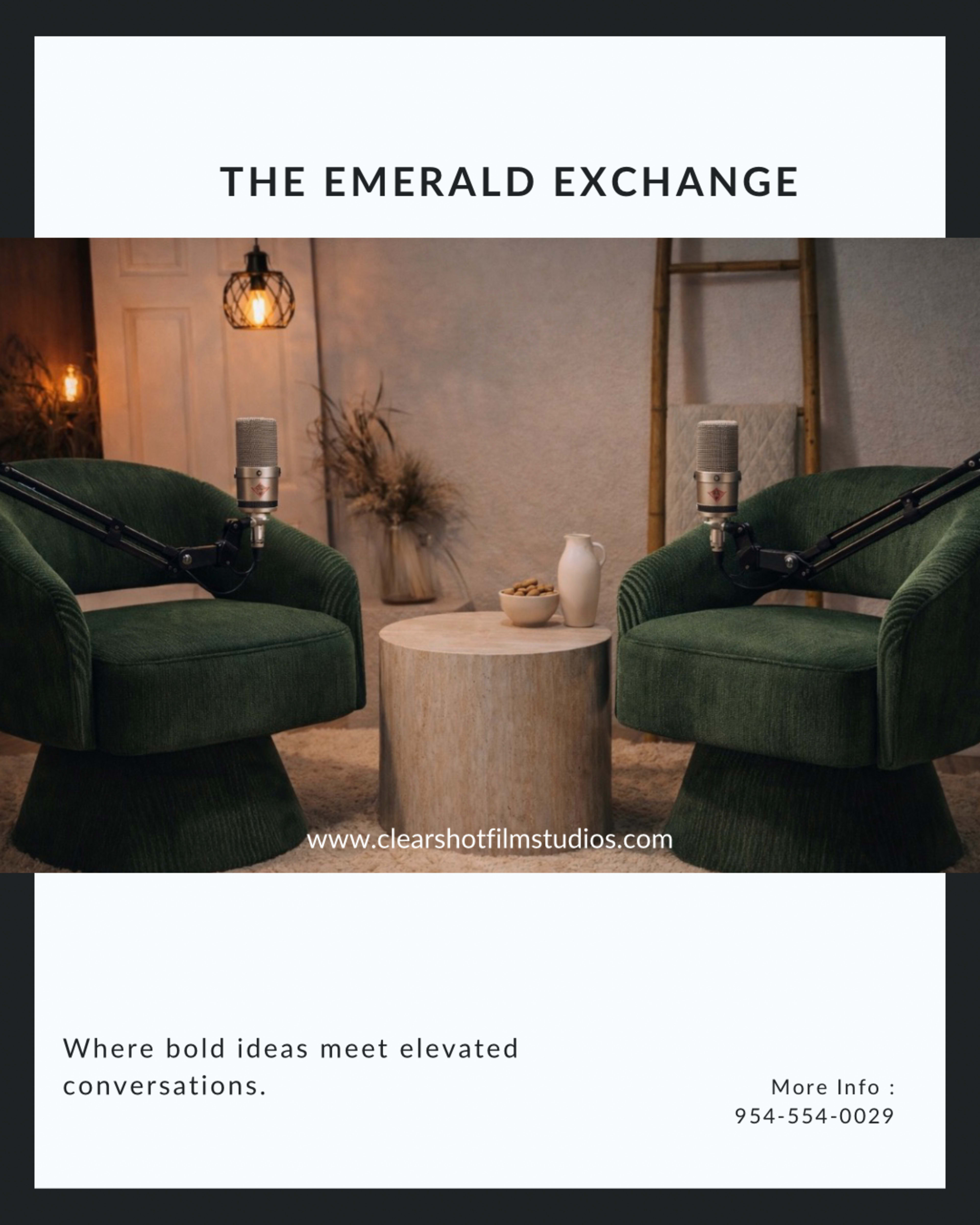 The image features two dark green chairs positioned around a small wooden table, with microphones set up on the chairs, suggesting a podcast or interview setting.