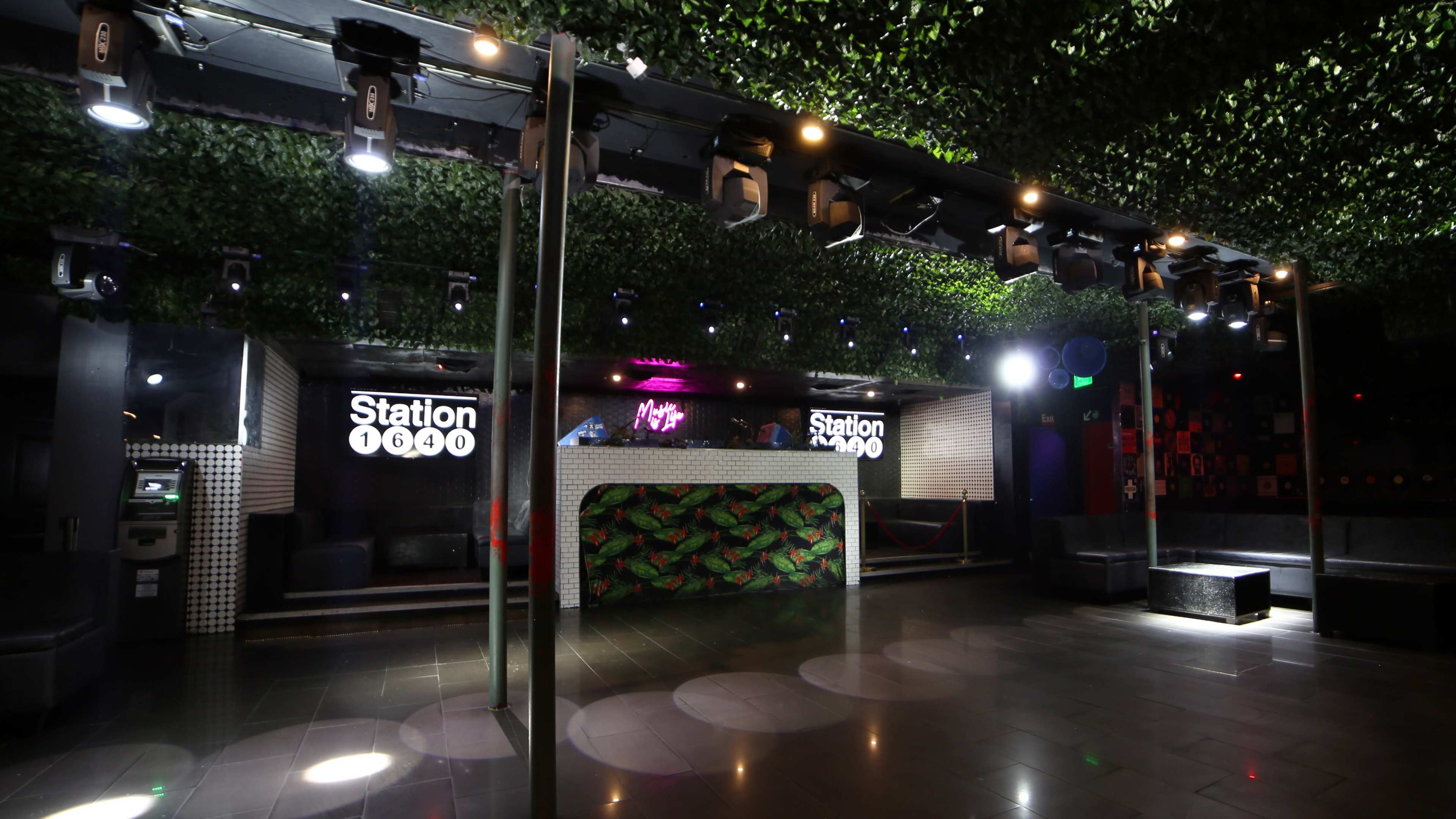 The interior of a dimly lit nightclub features a bar area with green foliage on the ceiling and a patterned bar front, surrounded by seating areas and stage lighting.