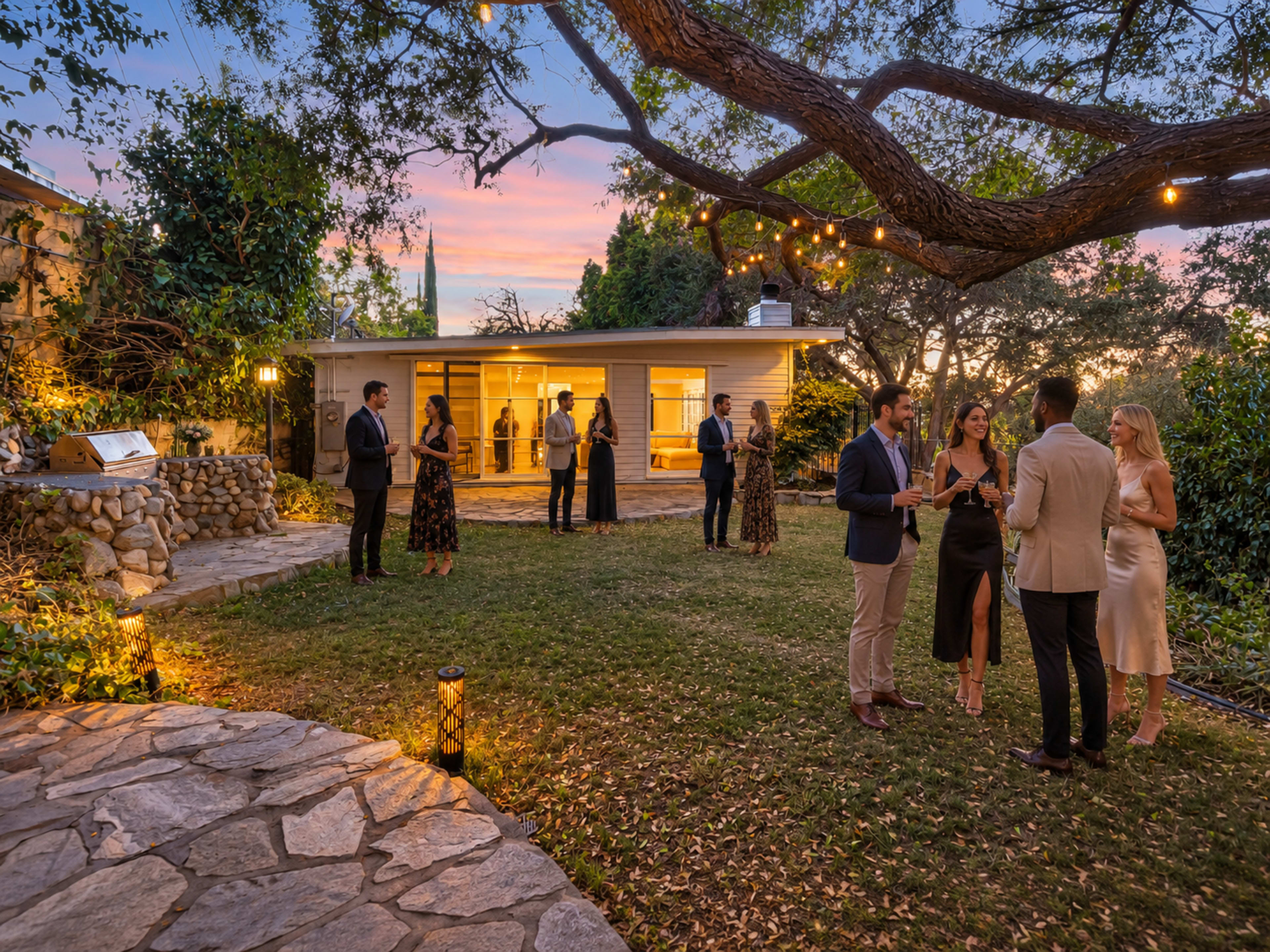 A group of well-dressed people socialize on a grassy area outside a house during twilight, with lights strung in the trees and a stone pathway leading to the scene.