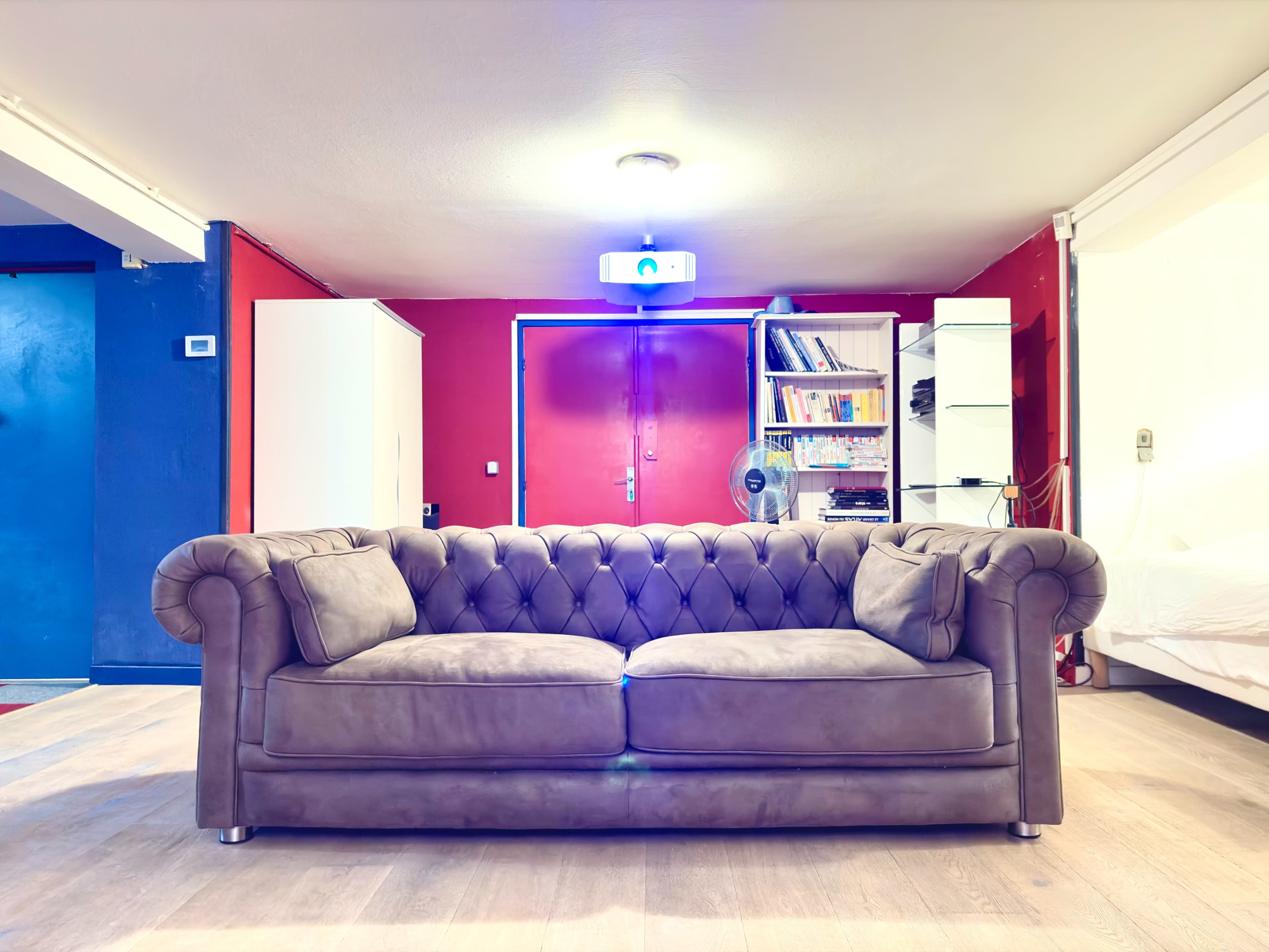 A brown tufted sofa is positioned in a room with red and blue walls, featuring shelves and a projector in the background.