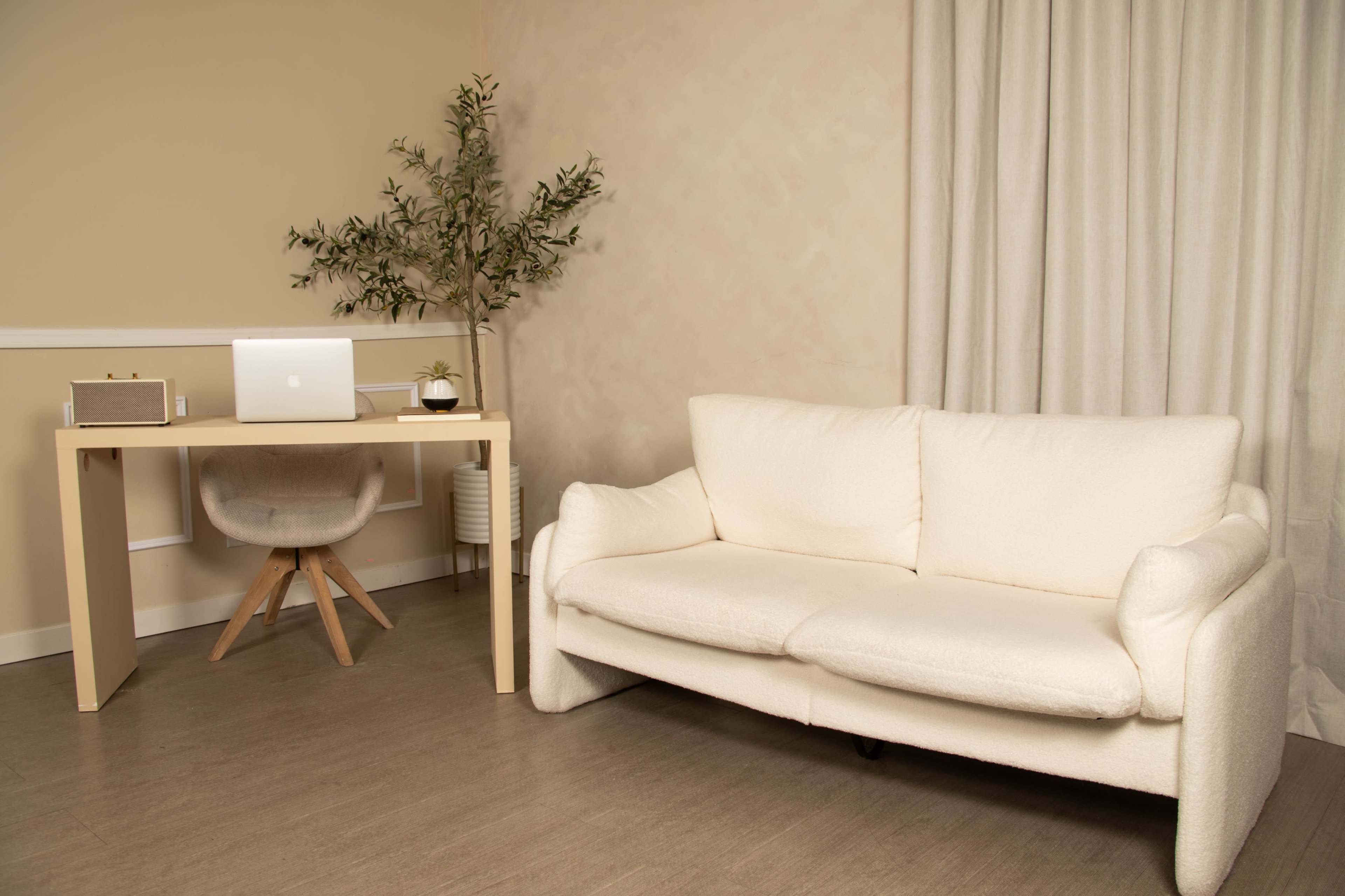 The image shows a minimalist interior with a white sofa, a desk with a laptop and small plant, and a potted plant against a light-colored wall.