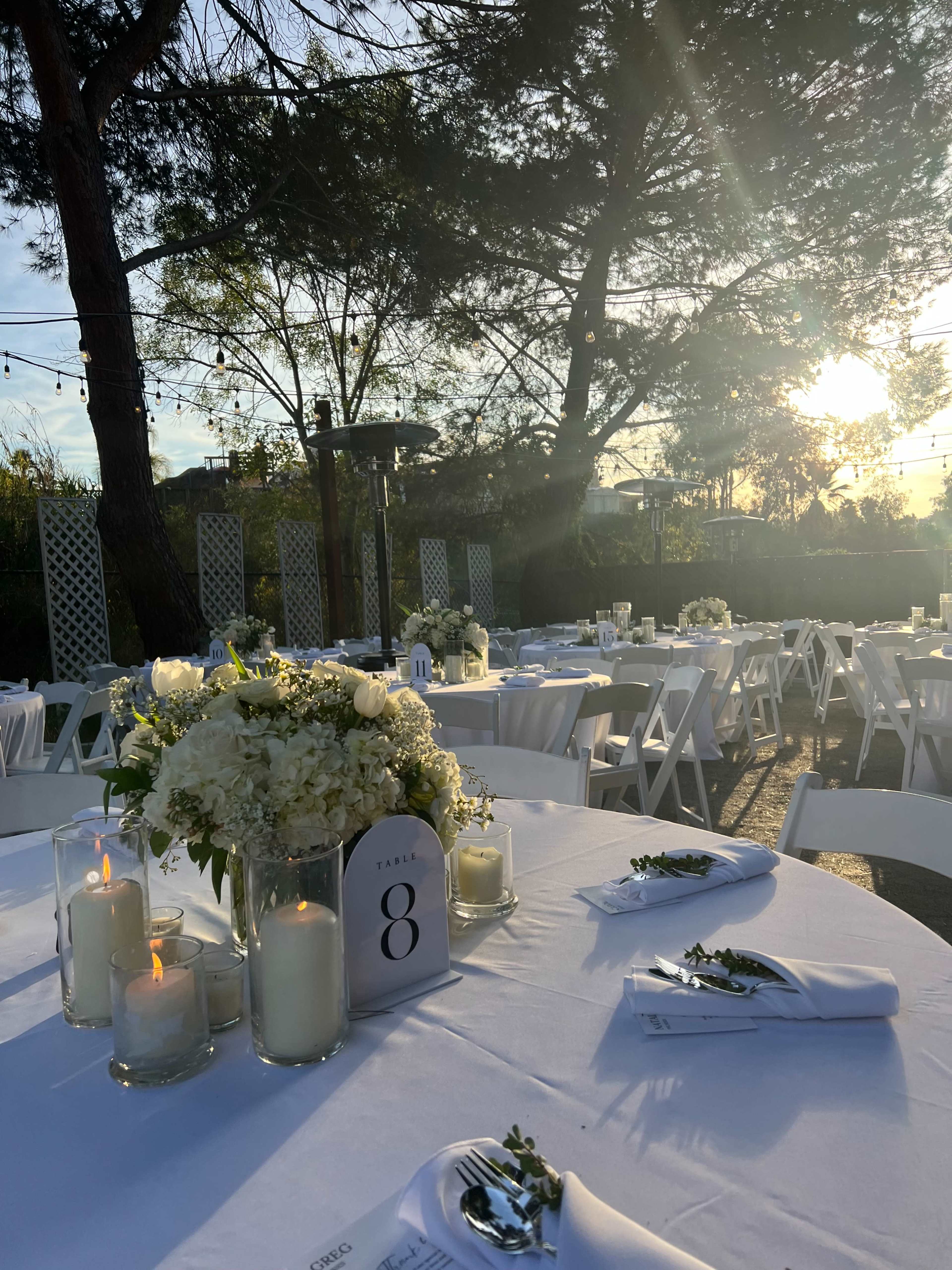 A sunlit outdoor event space features neatly arranged tables with white linens, floral centerpieces, and candles, all set against a backdrop of trees and string lights.