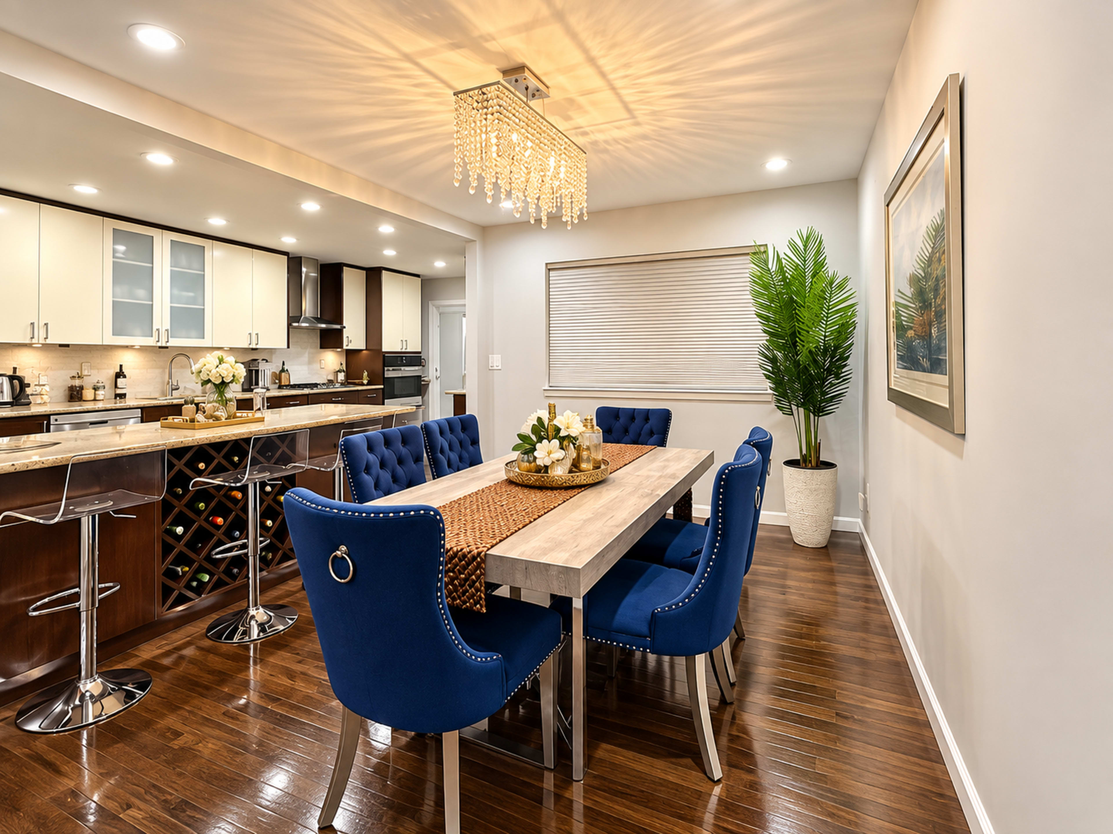 A dining area features a wooden table surrounded by blue upholstered chairs, with a chandelier above and a window with blinds, showcasing a modern kitchen in the background.