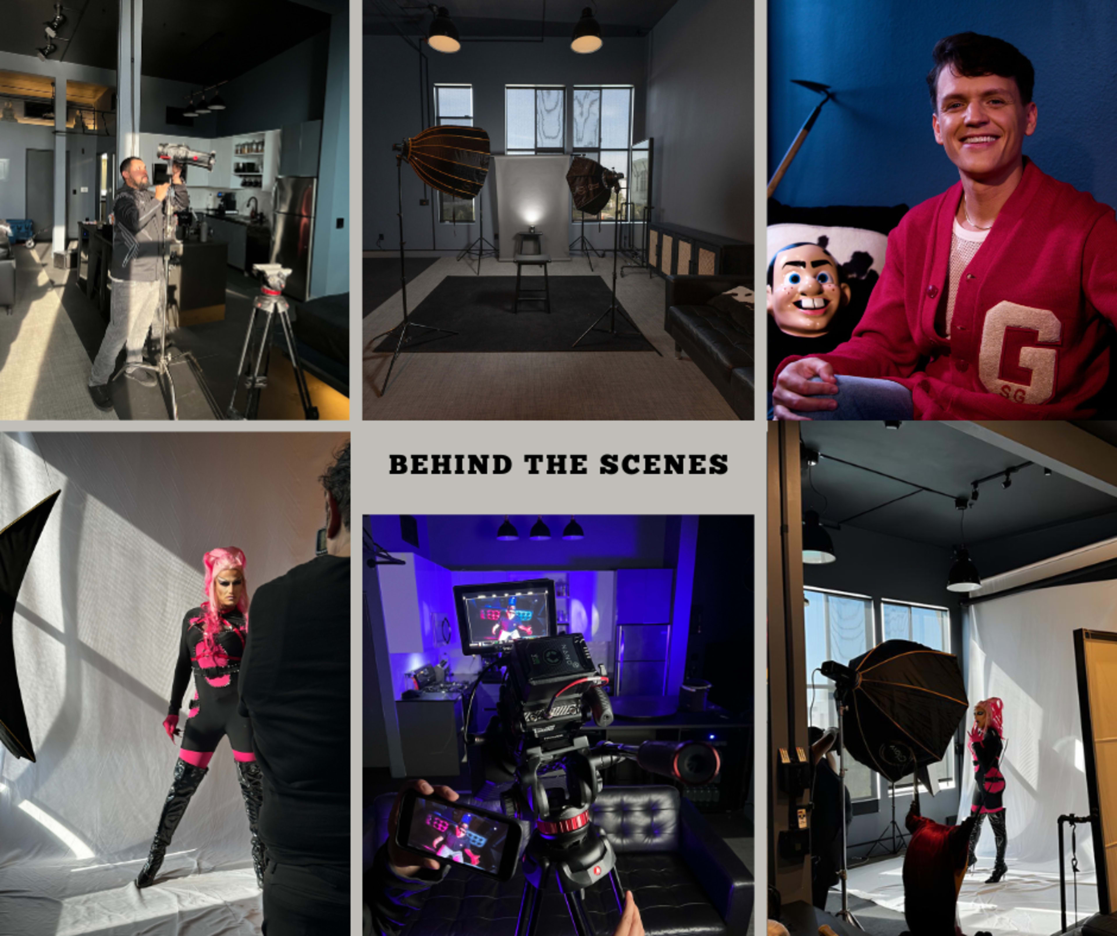 The image showcases various scenes from a photoshoot, including a photographer setting up equipment, a model posing with dramatic lighting, and behind-the-scenes views of the studio environment.