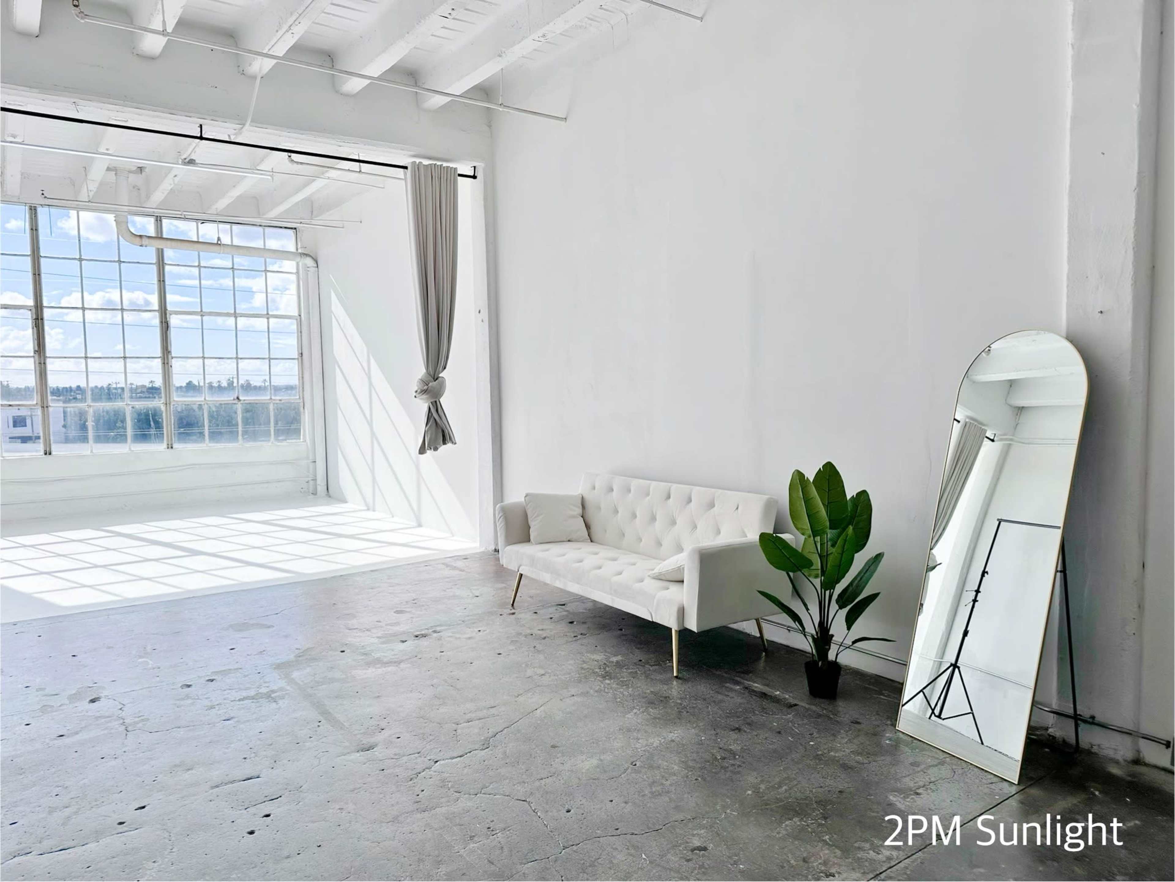 The image shows a bright, minimalistic studio space with a white tufted sofa, a large mirror, a potted plant, and sunlight streaming through a large window.