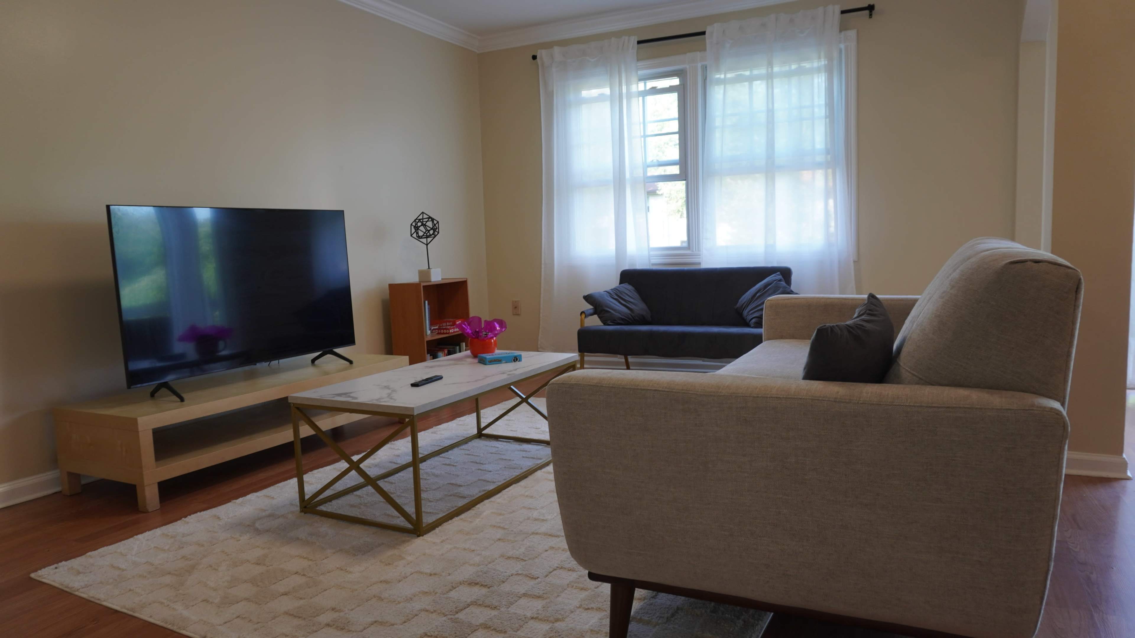 A living room with a television on a stand, a coffee table, two sofas, and large windows with sheer curtains.