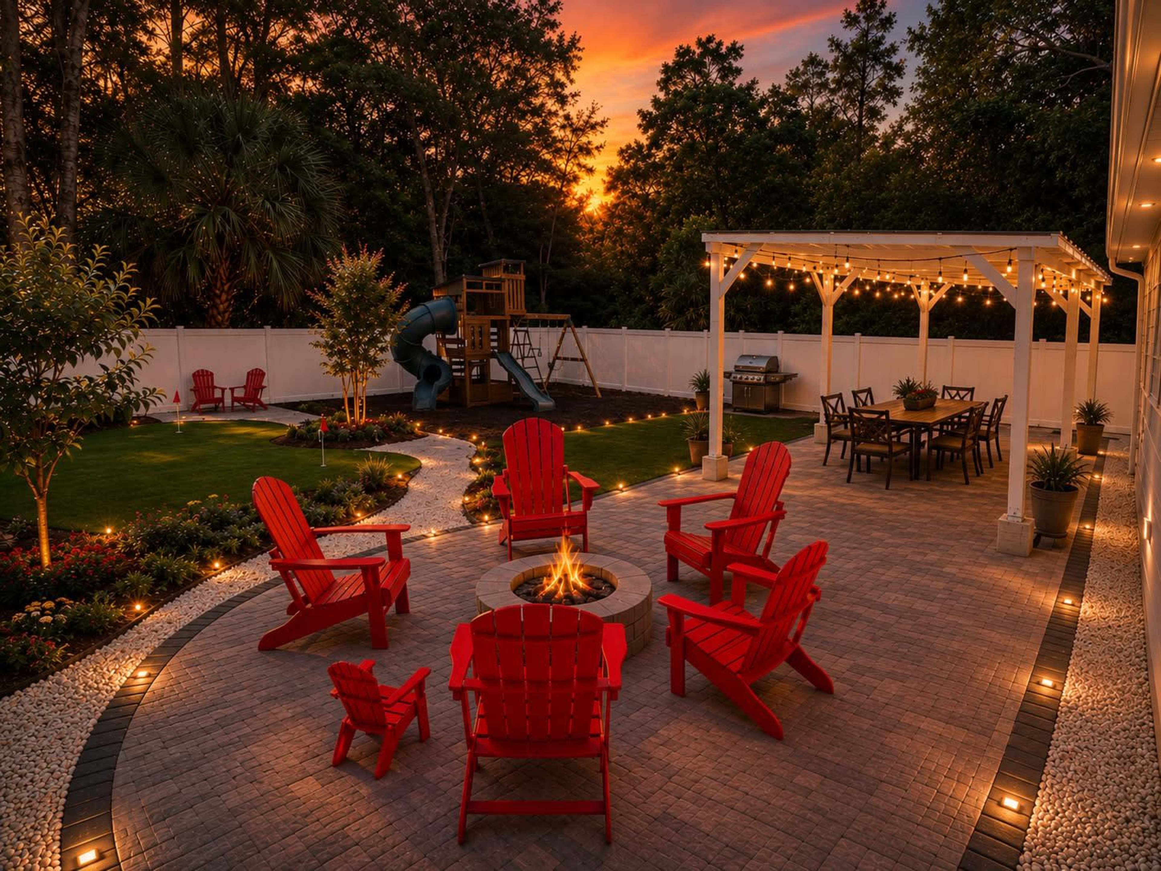 The image shows a backyard patio with red Adirondack chairs arranged around a fire pit, a playset in the background, and string lights illuminating a dining area under a gazebo at sunset.