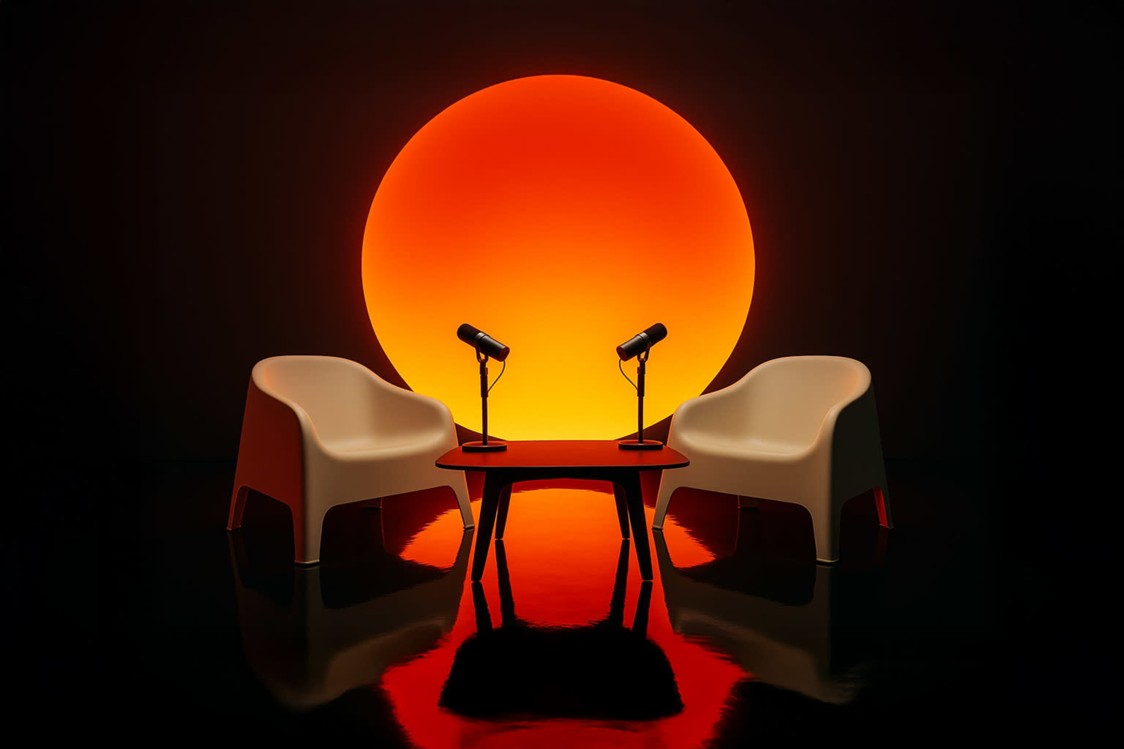 Two white chairs and a table with microphones are set against a large orange circular backdrop that resembles a sun.