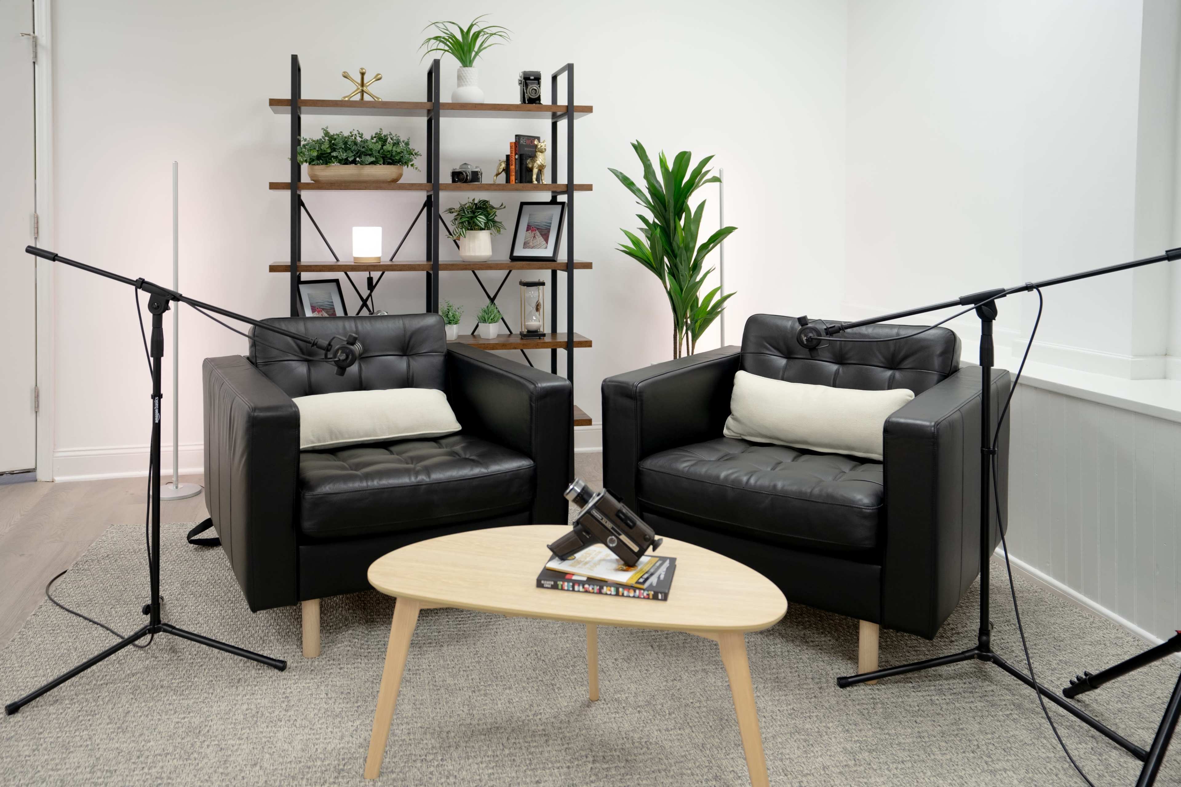 Two black leather chairs with microphones on stands are positioned around a light wooden coffee table in a minimalistic room decorated with plants and shelves.