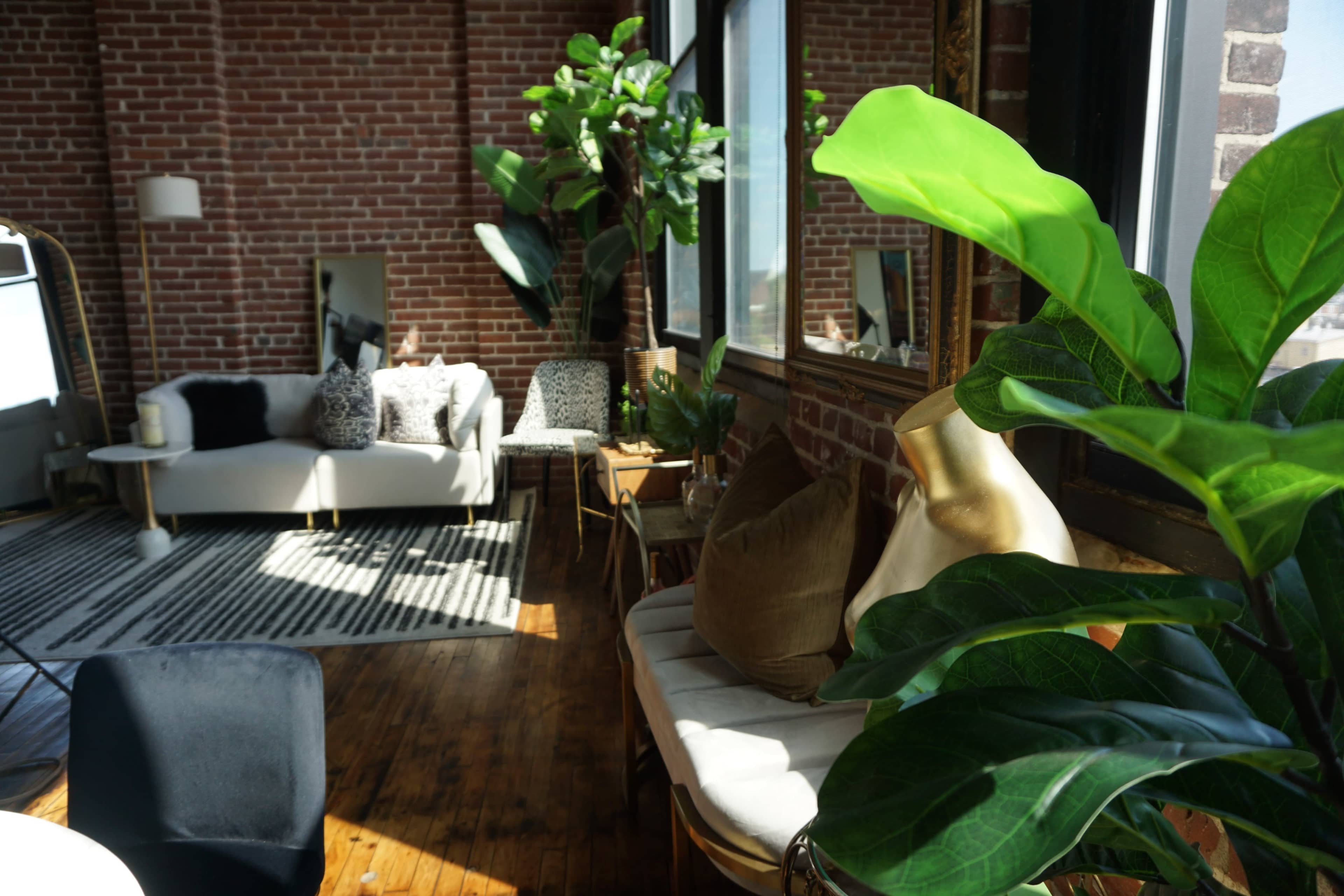 The image shows a sunlit room with brick walls, a mix of plants, and modern furnishings including a sofa, chairs, and decorative pillows.