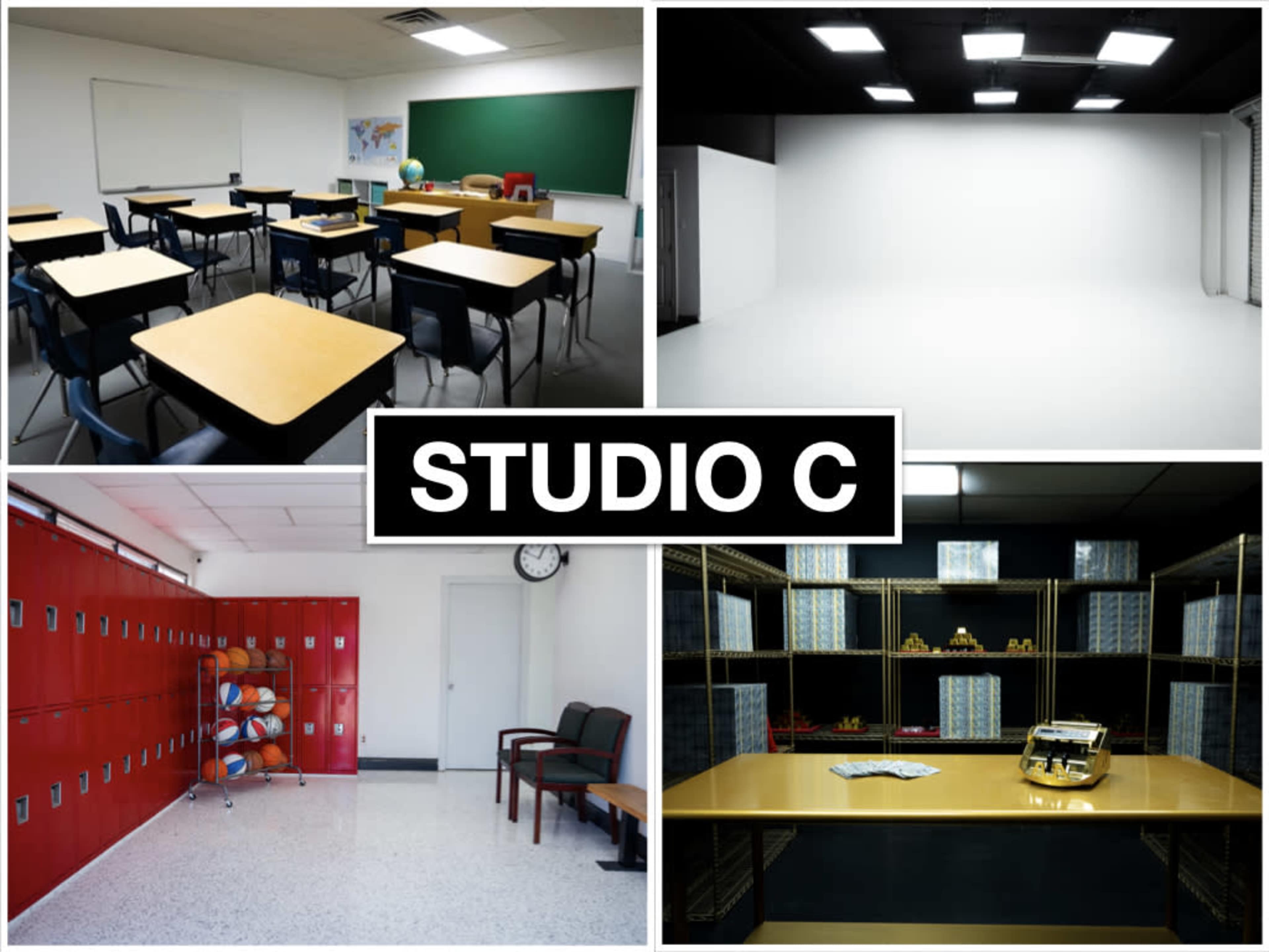 Multi Set Production Studio w/ Infinity White/RGB Cyc Wall, Classroom Set & Money Vault Set Image in Blue Bell Heights, Mesquite, TX