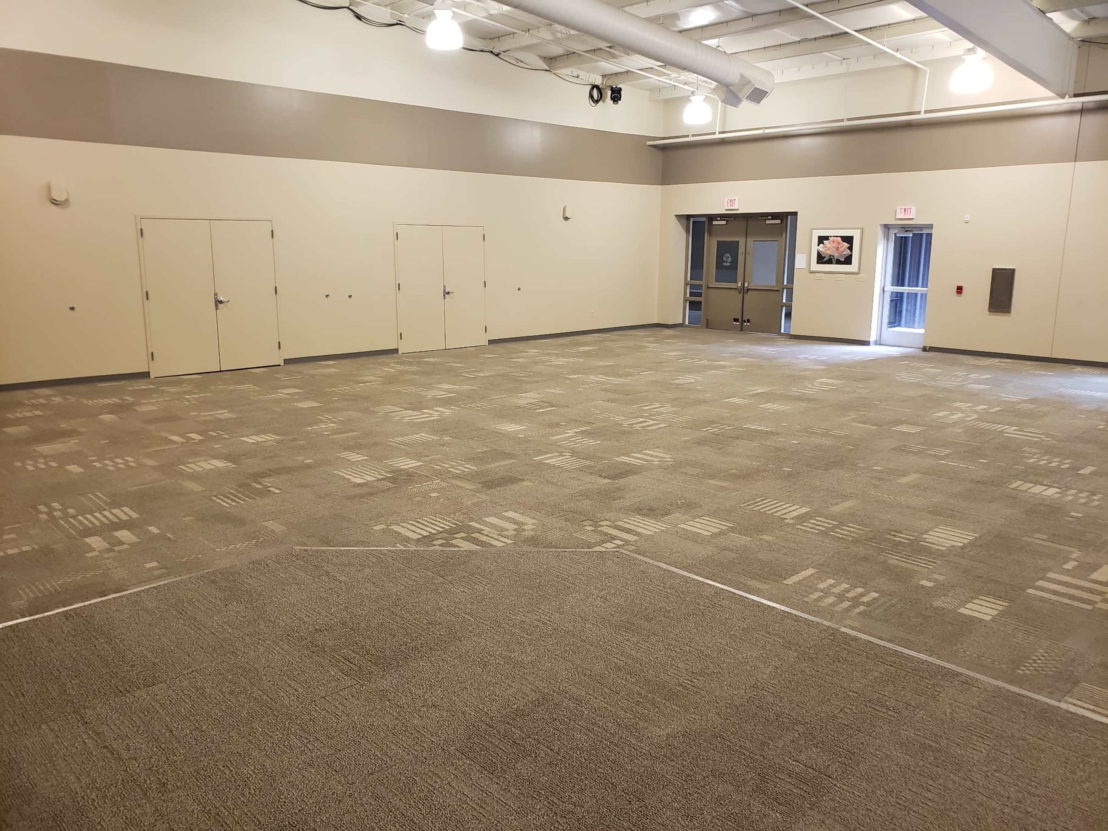 A spacious, empty room with a carpeted floor and multiple doors along the walls.