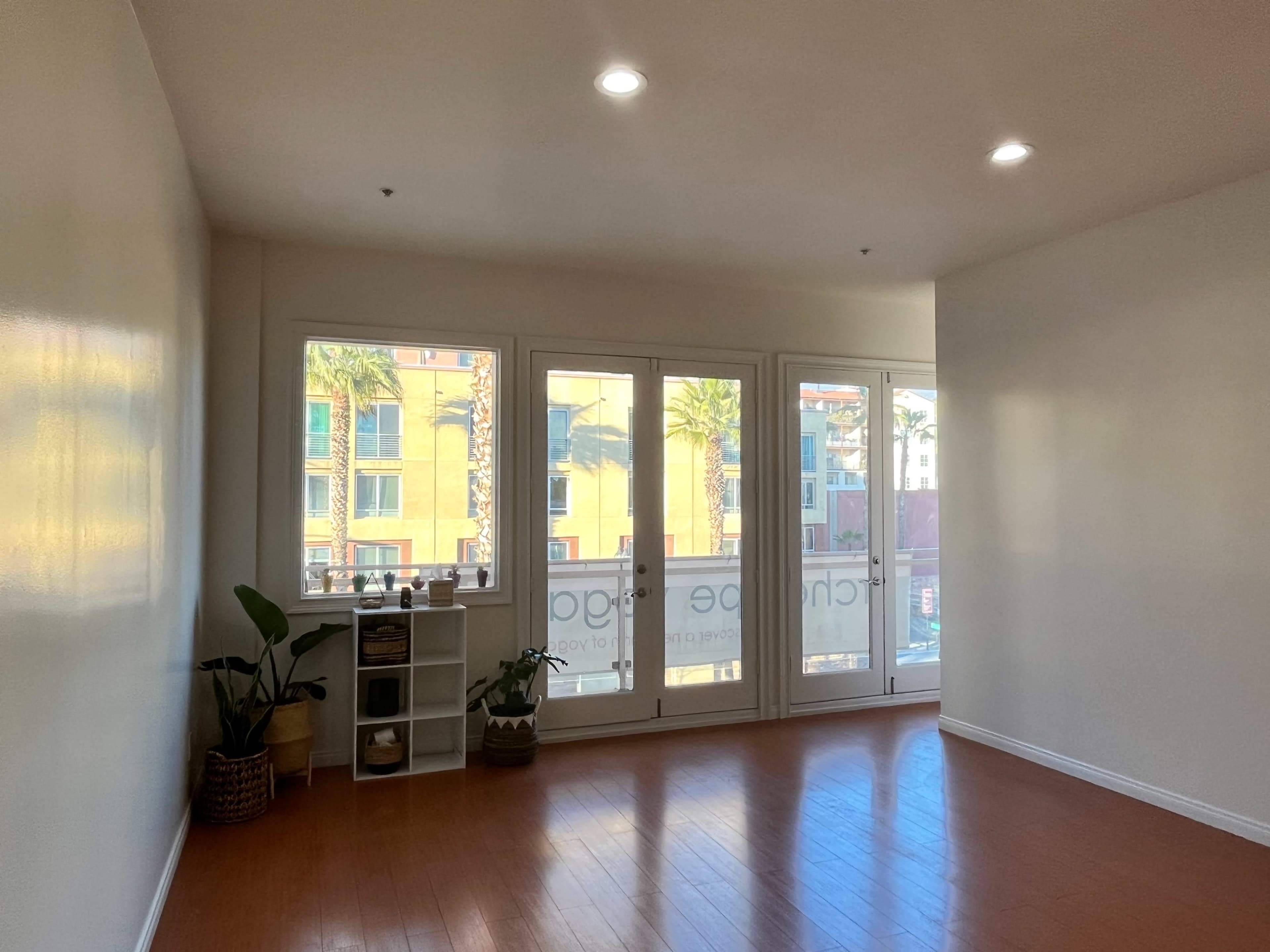 A bright room with wood flooring features large windows and a small shelving unit with plants.