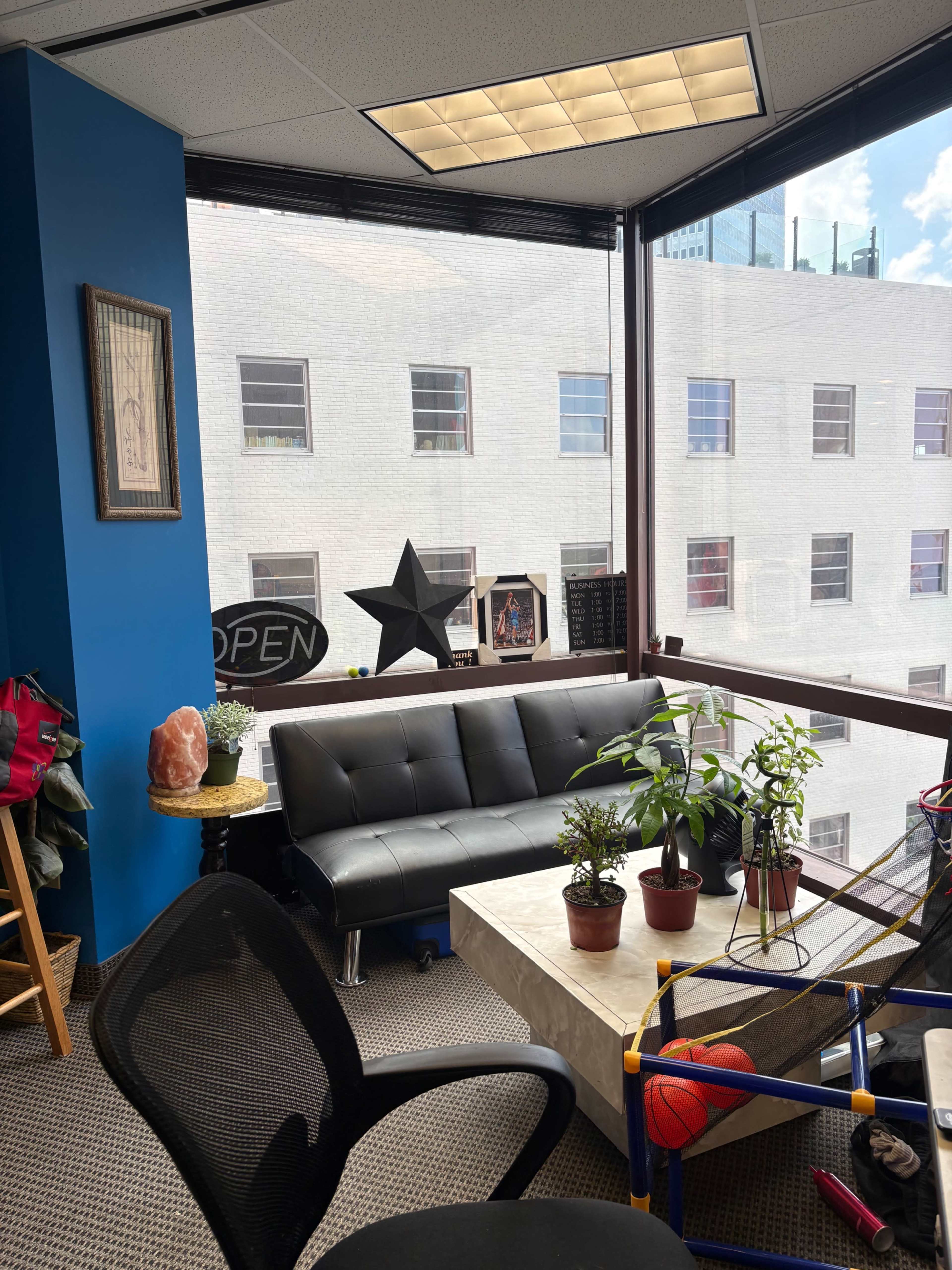 The image shows a cozy office space featuring a black couch, a coffee table with potted plants, and a sunny window view of nearby buildings.