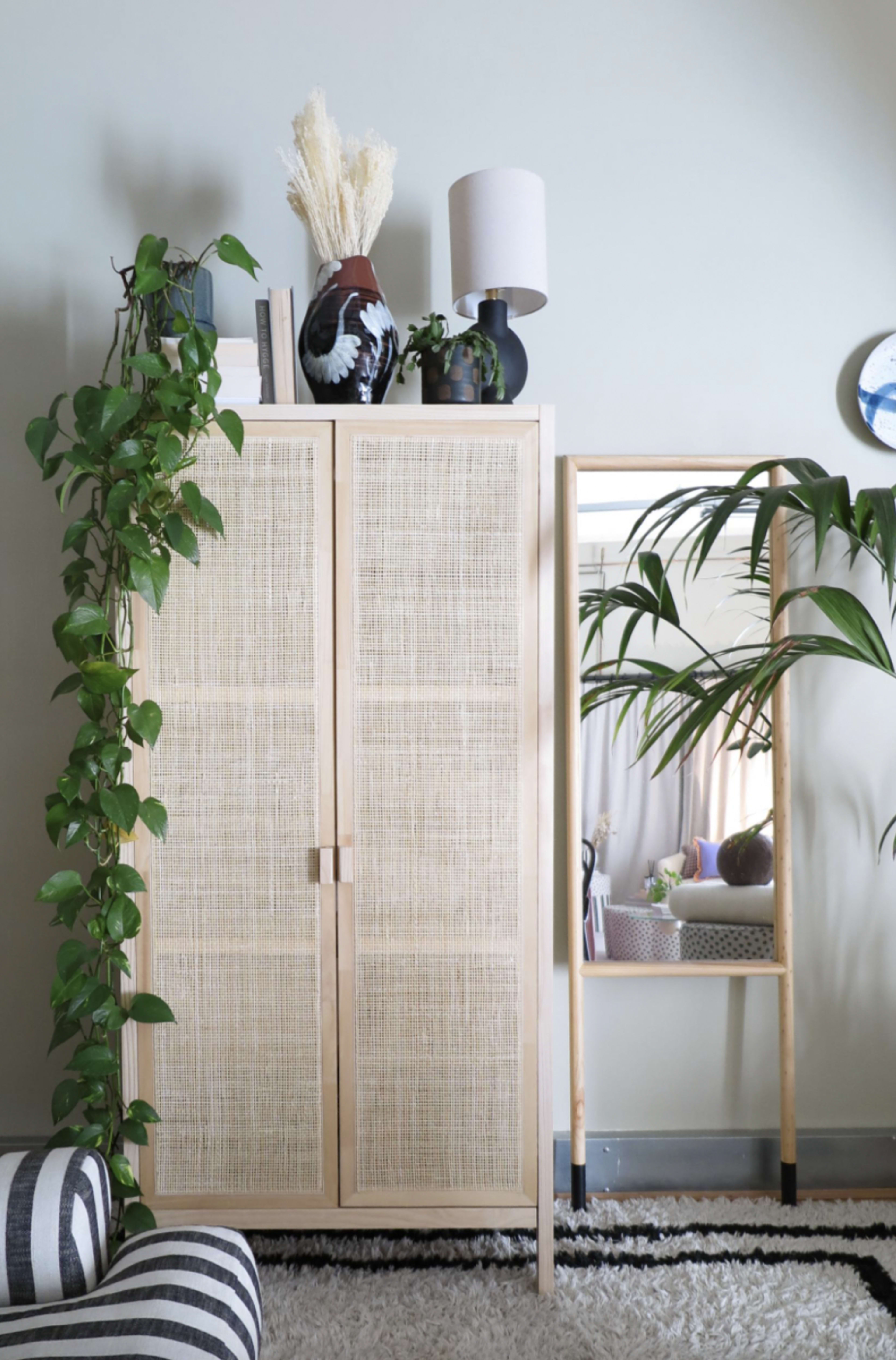 A light-colored cabinet with woven doors stands next to a tall mirror and various plants in a bright room.